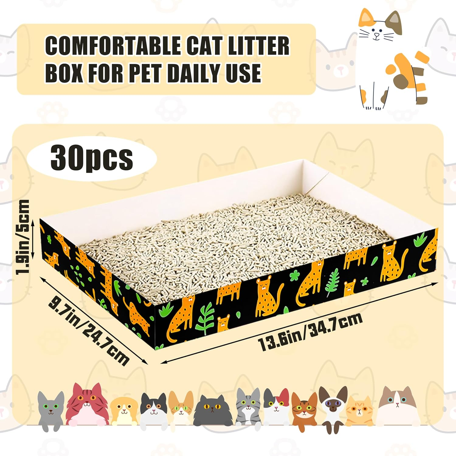 30 Pack Disposable Cat Litter Box, Foldable Paper Litter Box, Travel Cat Litter Box,Non Clumping Durable and Waterproof,Low Entry Easy Disposal,Portable(13.6X9.7X1.9 In) image number 2