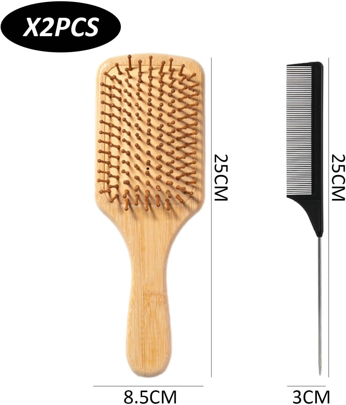 1 X Natural Wooden Bamboo Hair Brush with 1 X Tail Hair Comb, Anti-Static Smoothing Curly Hair Brush, Air Cushion Massage Brush, Flat Hair Brush for Men, Women, Children Hair Growth image number 3