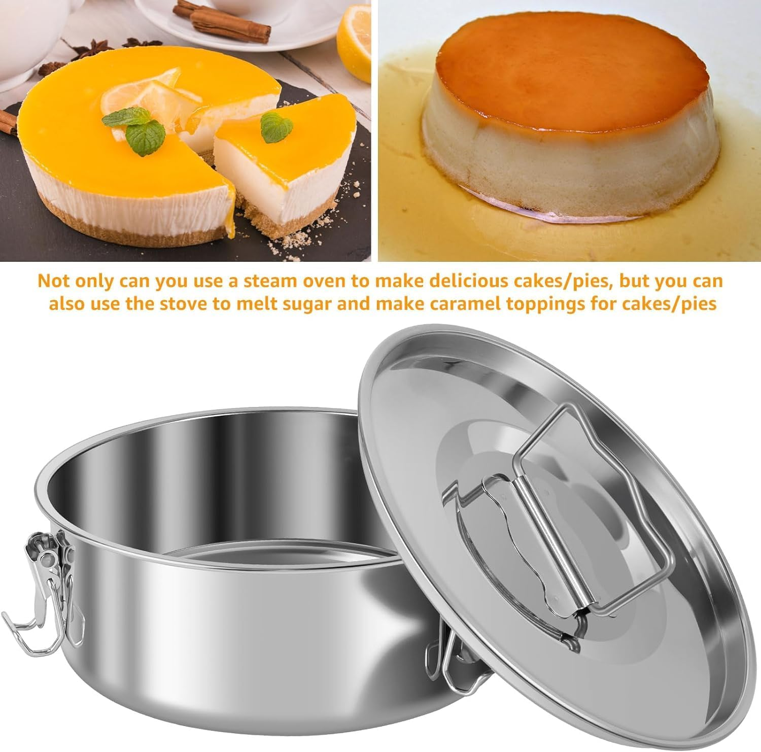 HOLADAWN 304 Stainless Steel Flan Pan with Lid, 1.5L Molde Para Flan & Baking Dish for Cheesecake, Cr&egrave;me Caramel & Pudding (Steam Rack, Spatula)