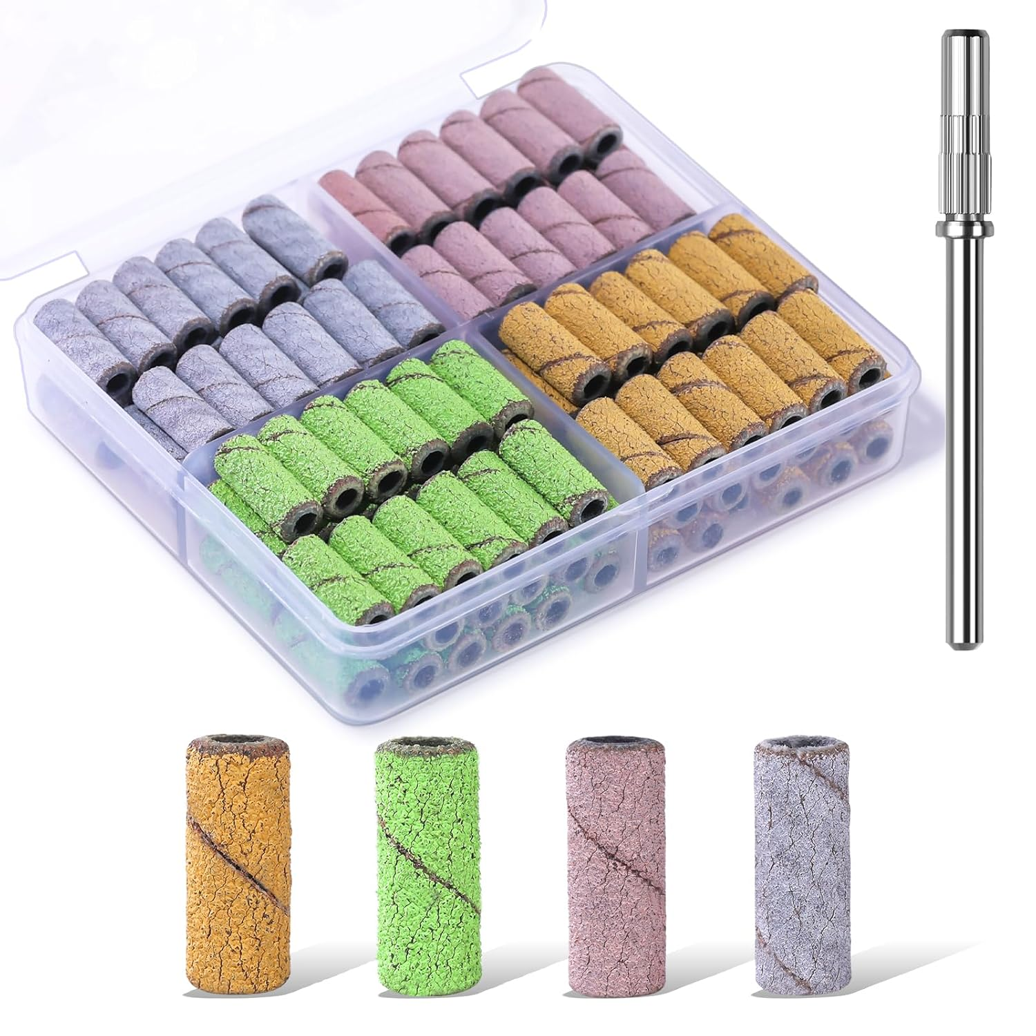 Makartt 100 Pcs Nail Drill Bits Sanding Bands for Nail Drill 4 Color Coarse Fine 80/120/180/240 Grit File Small Sanding Band with 3.1Mm Mini Mandrel Nail Bit Set for Acrylic Nails Gel