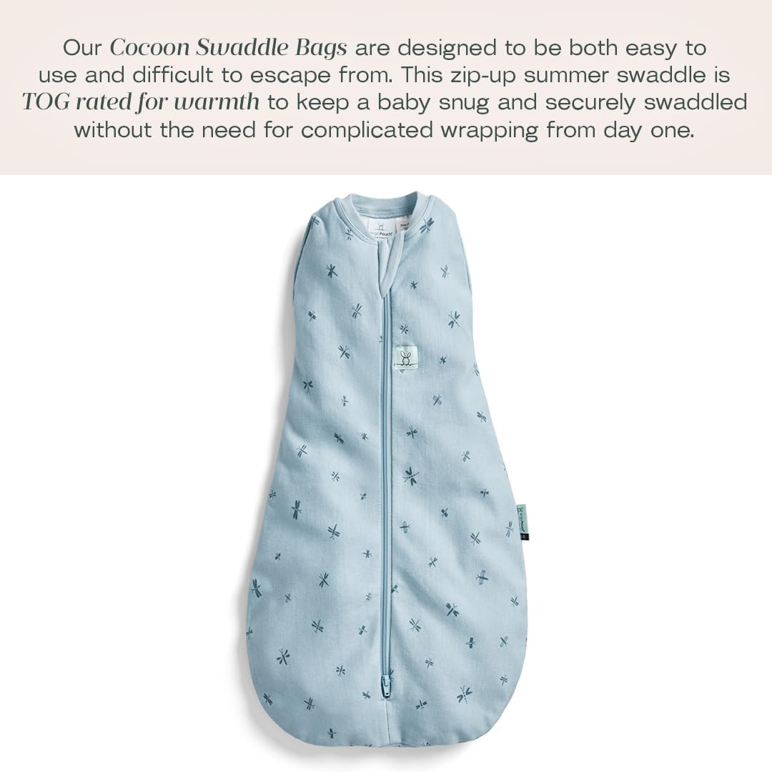 Ergopouch 0.2 TOG Cocoon Swaddle, 3-6 Months &ndash; Dragonflies Print &ndash; Organic Cotton Swaddle & Sleeping Bag in One &ndash; Arms In/Out &ndash; Easy-To-Use Two-Way Zipper &ndash; Designed for Safety & Comfort image number 4