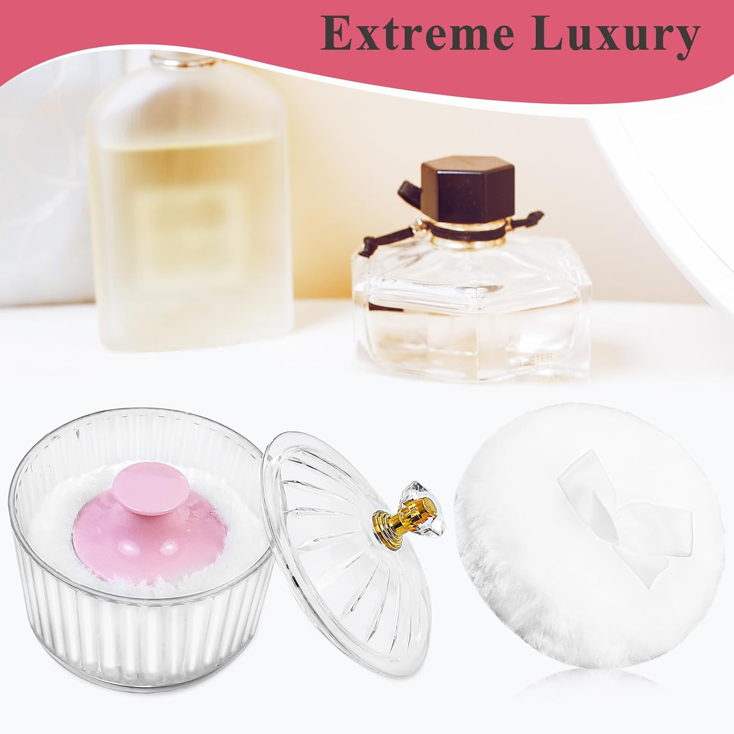 5Pcs Dusting Powder Container with Puff, 3.4 Inch Acrylic Body Powder Containers with Large Soft Puff Loose Dusting Powder Container Reusable Powder Applicator for Women Baby Body Face Makeup - White-3 image number 3