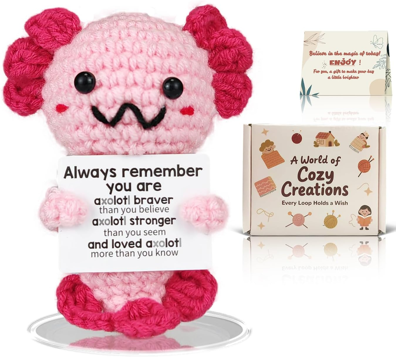 SZMDLX Positive Crochet Animals, Pocket Hug Positive Cow with Inspirational Cards in Gift Box, Emotional Support Good Luck Gifts for Women, Lucky Charm for Birthdays, Office & Home Desk Decor