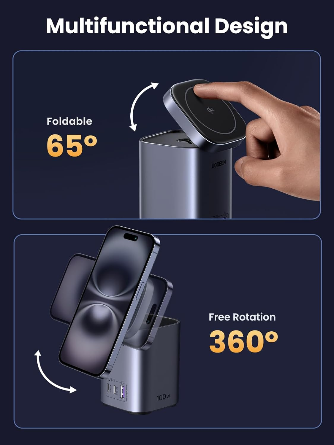 UGREEN 100W USB C Charger with Qi2 15W Magsafe Magnetic Charger 4-In-1 Nexode Gan Power Adapter Wireless Charging Station with Stand for Macbook Pro, XPS, Iphone 17 Pro Max, Galaxy S25 Ultra PPS 45W image number 3