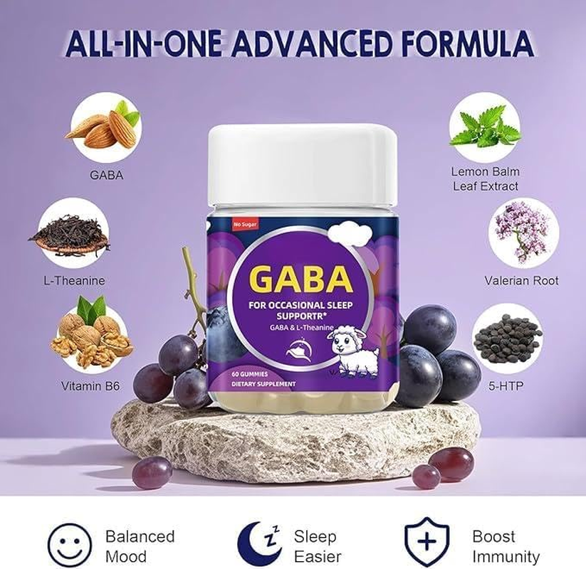 Sleep Gummies Supplements for Adult : GABA, L Theanine for Brain and Sleep Support, Melatonin-Free, Blueberry Flavor-60 Gummies