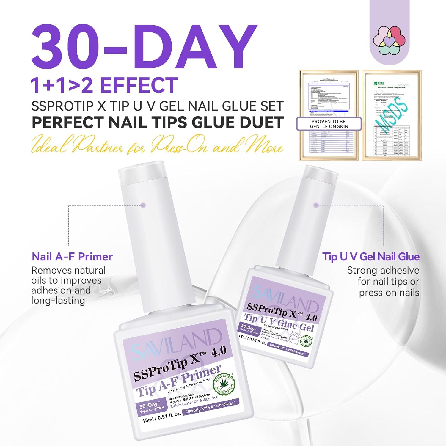 SAVILAND Gel Nail Glue Duo Set: Extra Strong U V Nail Glue Gel with Nail Primer Rich in Castor Oil Vitamin E for 30-Day Long Lasting Gel Glue for Nails False Nail Tips Press Ons Home Ssprotip X 4.0 image number 6