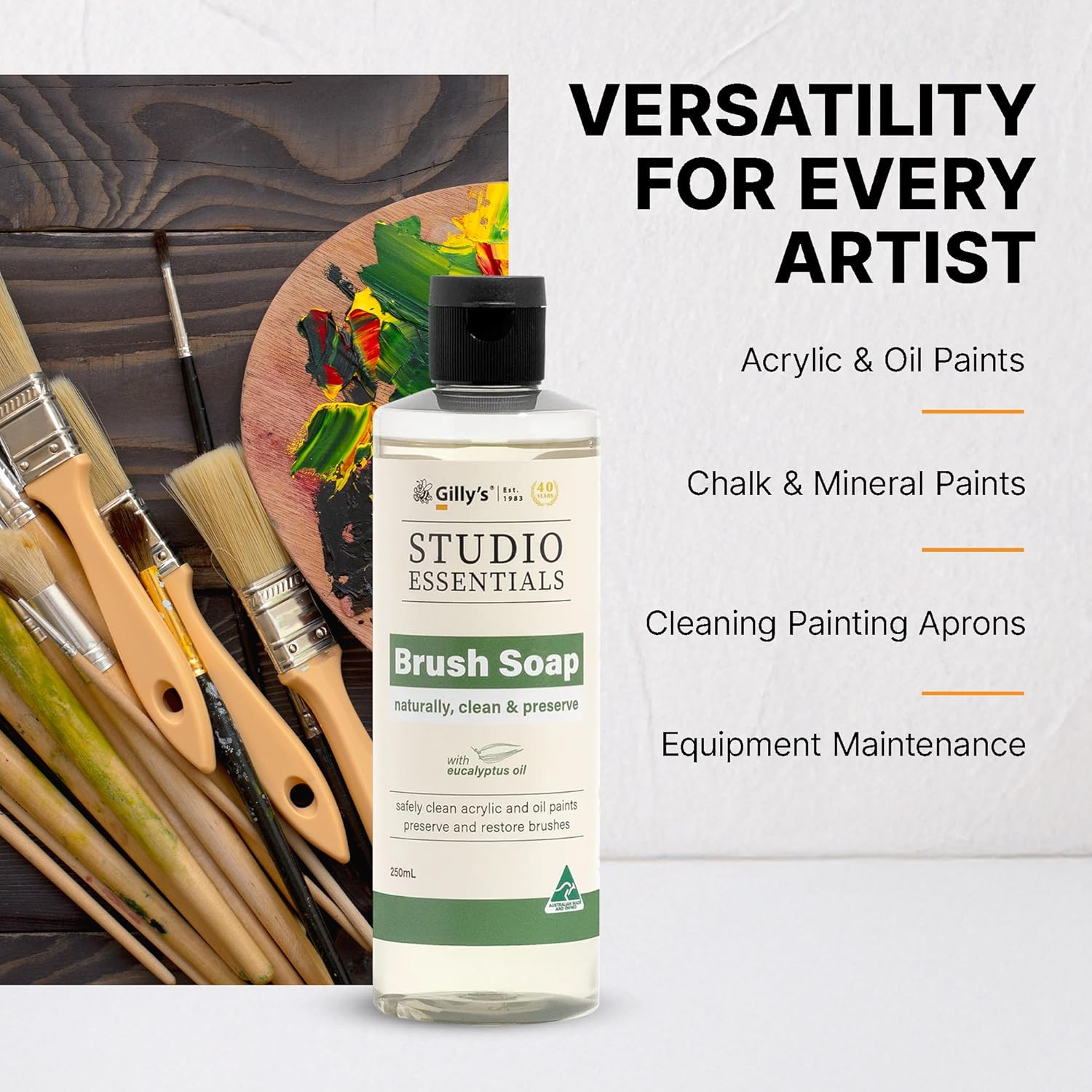 Gilly'S Brush Soap 250Ml - Plant-Based Cleaner with Eucalyptus Oil for Paint Brushes & Tools | Safe for Synthetic & Bristle Brushes, Acrylic, Oil, Chalk & Mineral Paints image number 2