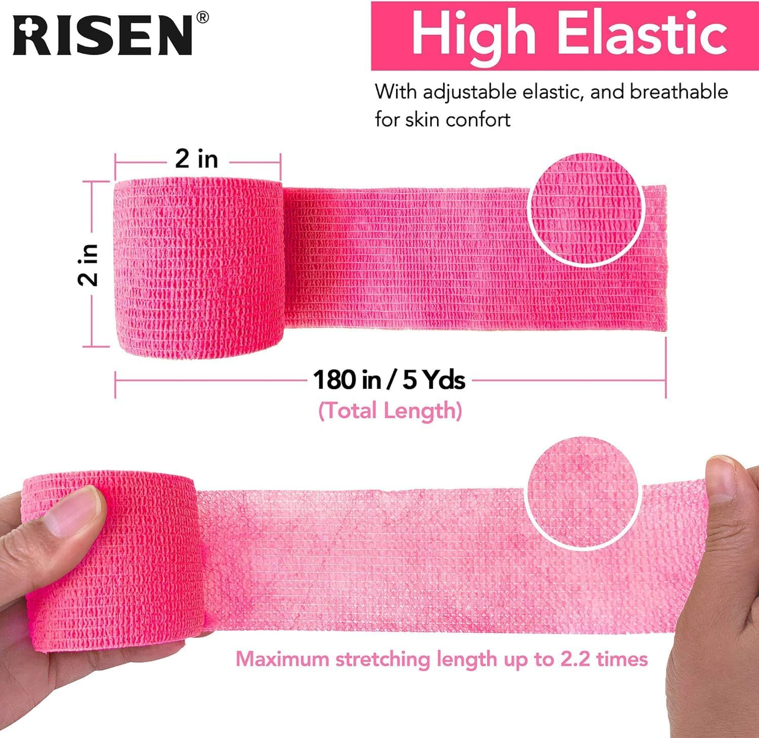 Risen Cohesive Bandage, 2" X 5 Yards, 6 Rolls, Self Adherent, Breathable, Ideal for Ankle Sprains, Sports, Human, Animal - Red image number 3