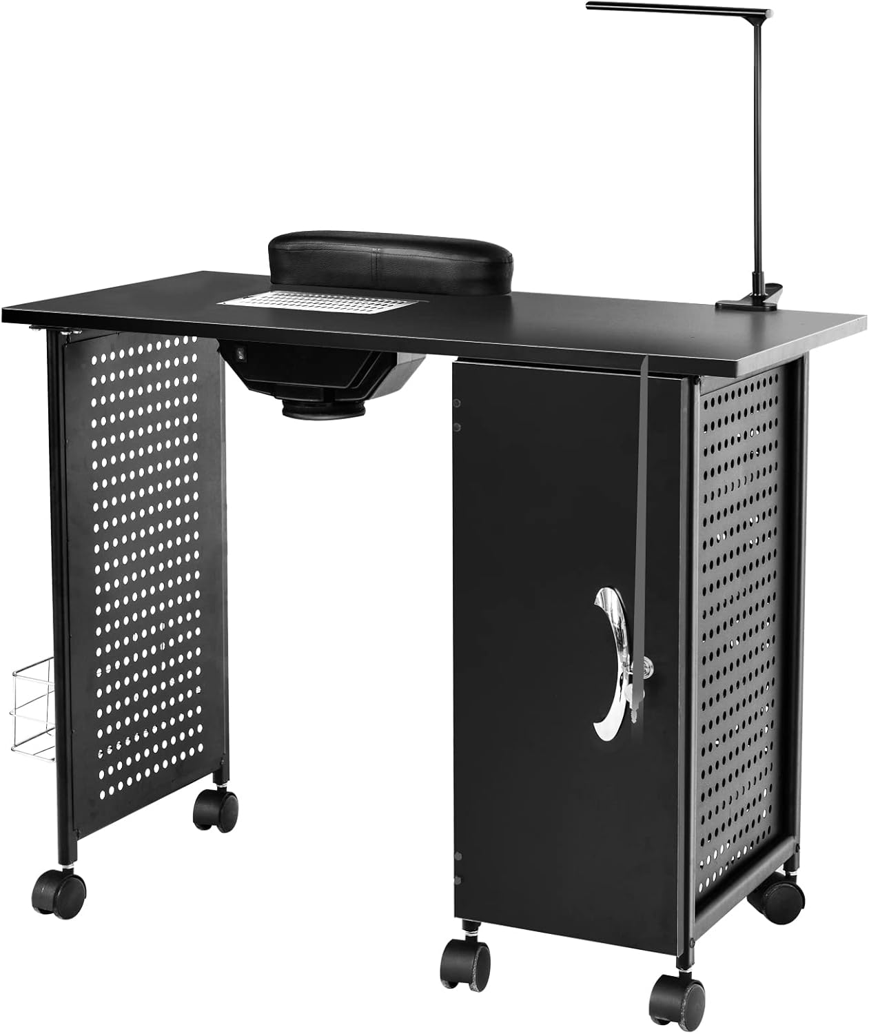 Costway Manicure Table Nail Desk W/Electric Dust Collector, 3 Dust Bags, Wrist Rest, Drawers, Movable Nail Tech Desk on 8 Lockable Wheels, Wooden Nail Art Workstation for Spa Beauty Makeup (Pink)