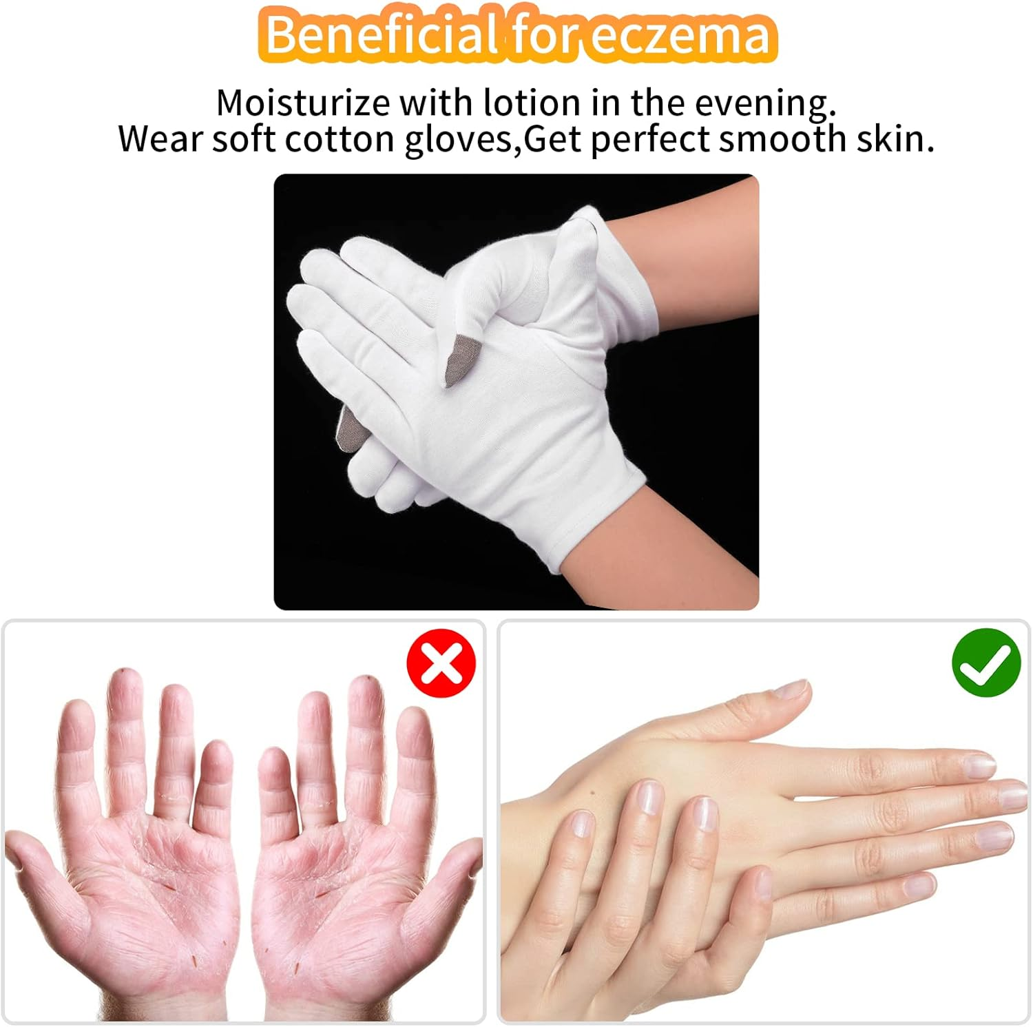 Sibba 3 Pairs Touch Screen Moisturizing Gloves White Cotton Moisturizing Gloves Overnight Bedtime Heal Eczema Sleeping Lotion Hand Spa Treatment Gloves Repair Rough Cracked Dry Chapped Hands Skin image number 5