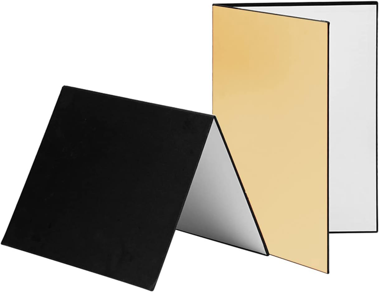 3-In-1 Photography Cardboard Paperboard Folding Photography Reflector Diffuser Board (Black + White + Golden) for Still Life Product Food Photo, A4 Size