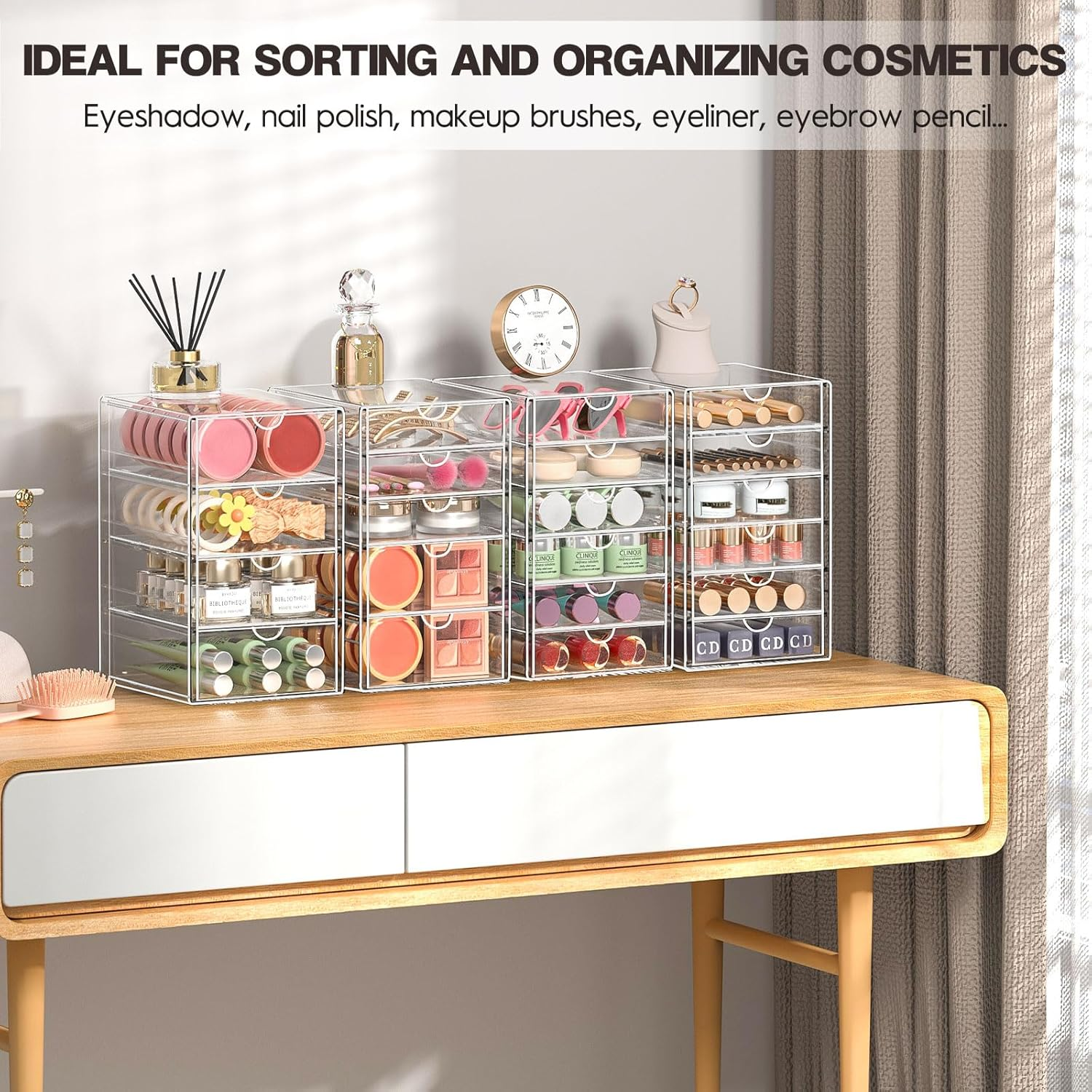 AMALEKO Acrylic Drawer Organizers - 21 Drawers 4 Set - Clear Storage Drawers for Office Supplies - Stackable Makeup Organizer - Dustproof Desk Organizers for Makeup, Jewelry, Pen, Stationary image number 4