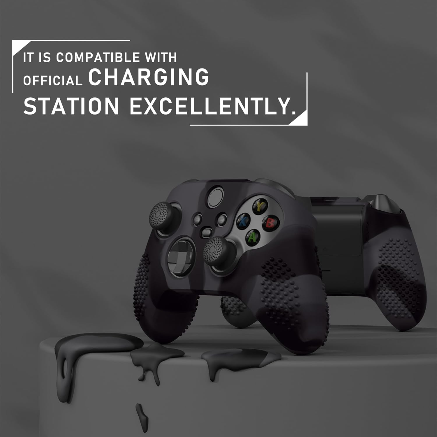 Extremerate Playvital 3D Studded Edition Anti-Slip Silicone Cover Skin for Xbox Series X/S Controller, Rubber Case Protector for Xbox Core Wireless Controller with Thumb Grips - Dark Gray & Black image number 1