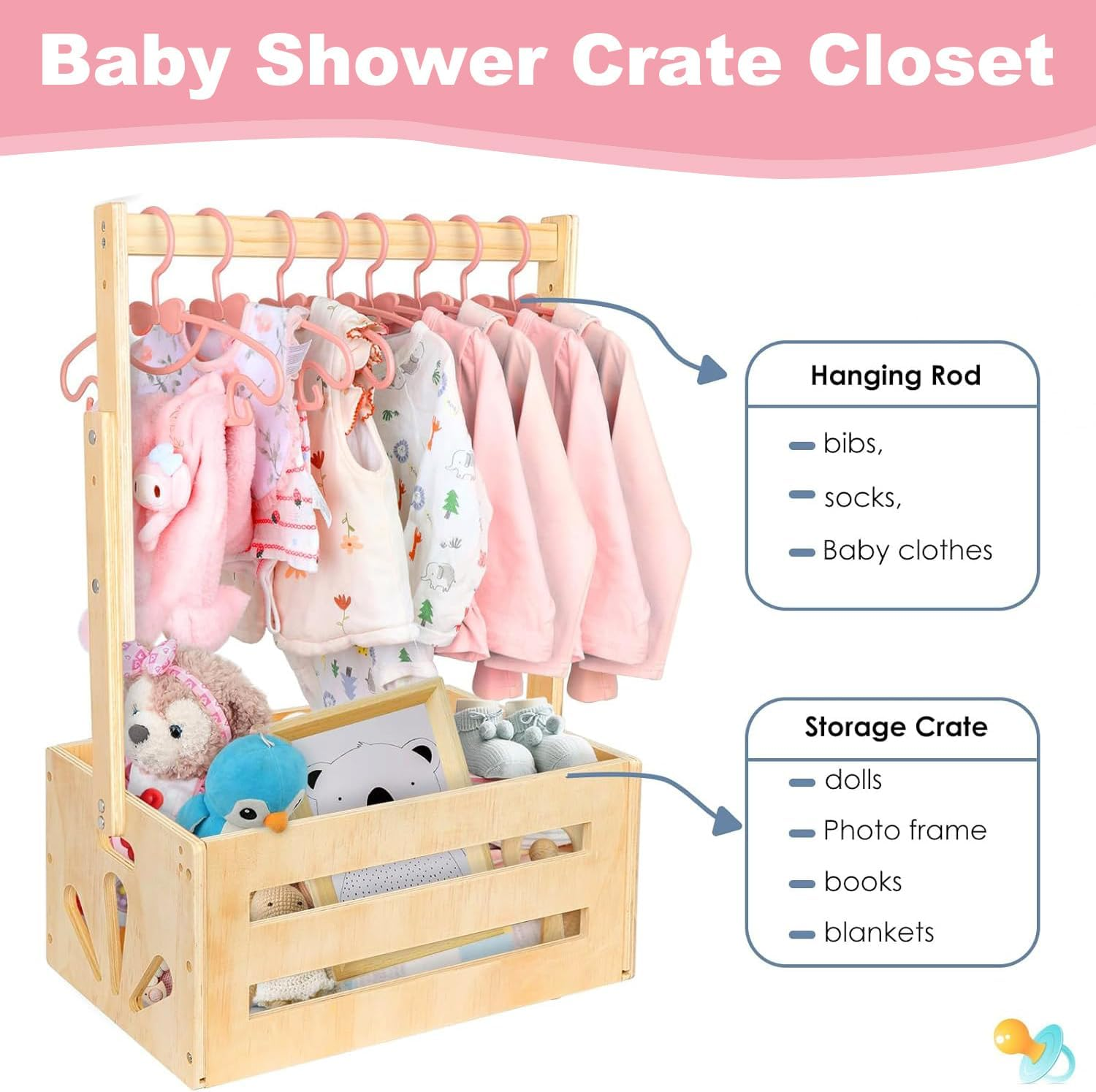 Wooden Baby Shower Crate Closet, Baby Storage Crate with Adjustable Handle, Basket for Baby Shower Gifts, Welcome Gift Basket for Newborn Boys Girls, Pregnancy Gifts for New Parents (Wood)