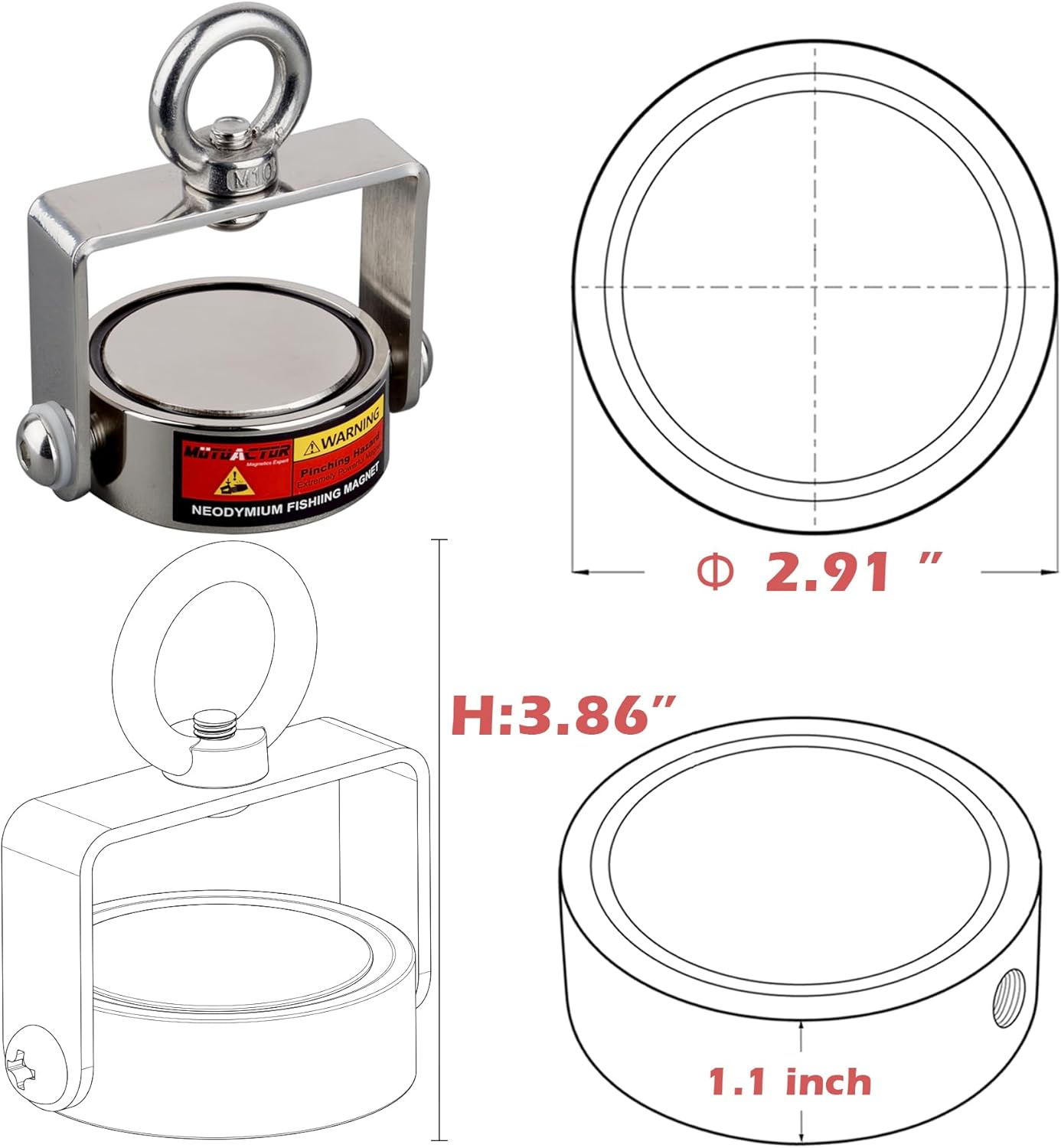 MUTUACTOR Fishing Magnet Kit,Combined 1240Lb Strong Rotatable Magnet Fishing Heavy Duty,Permanent Neodymium Rare Earth Magnets with 65Ft Salvage Rope,Anti-Slip Gloves for Retrieving Treasures image number 2