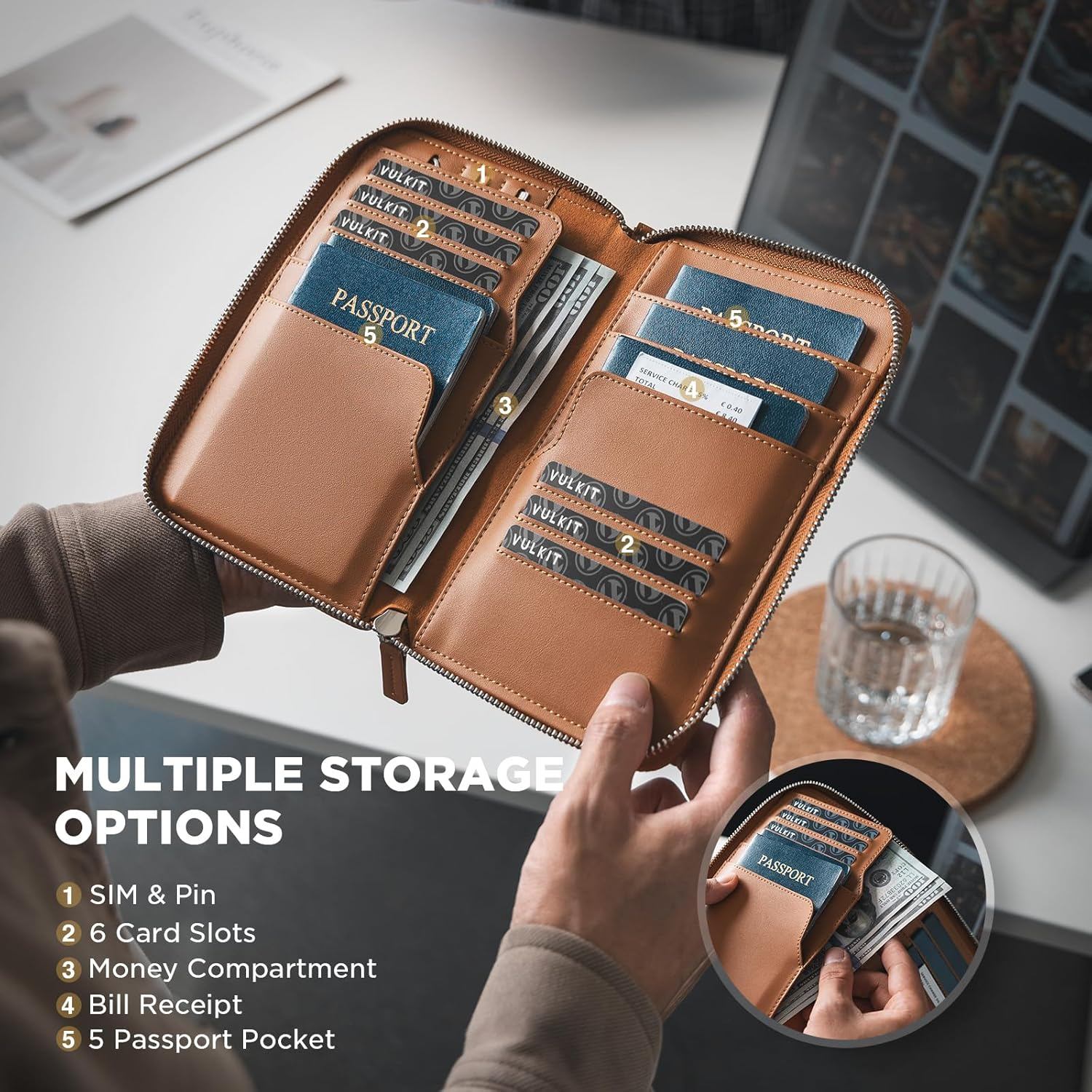 VULKIT Leather Passport Holder Family Travel Document Organizer with RFID Blocking Travel Wallet Slim Passport Slots SIM Card and Multiple Card Holders Passport Wallet for Men and Women (Brown) - Espresso image number 6