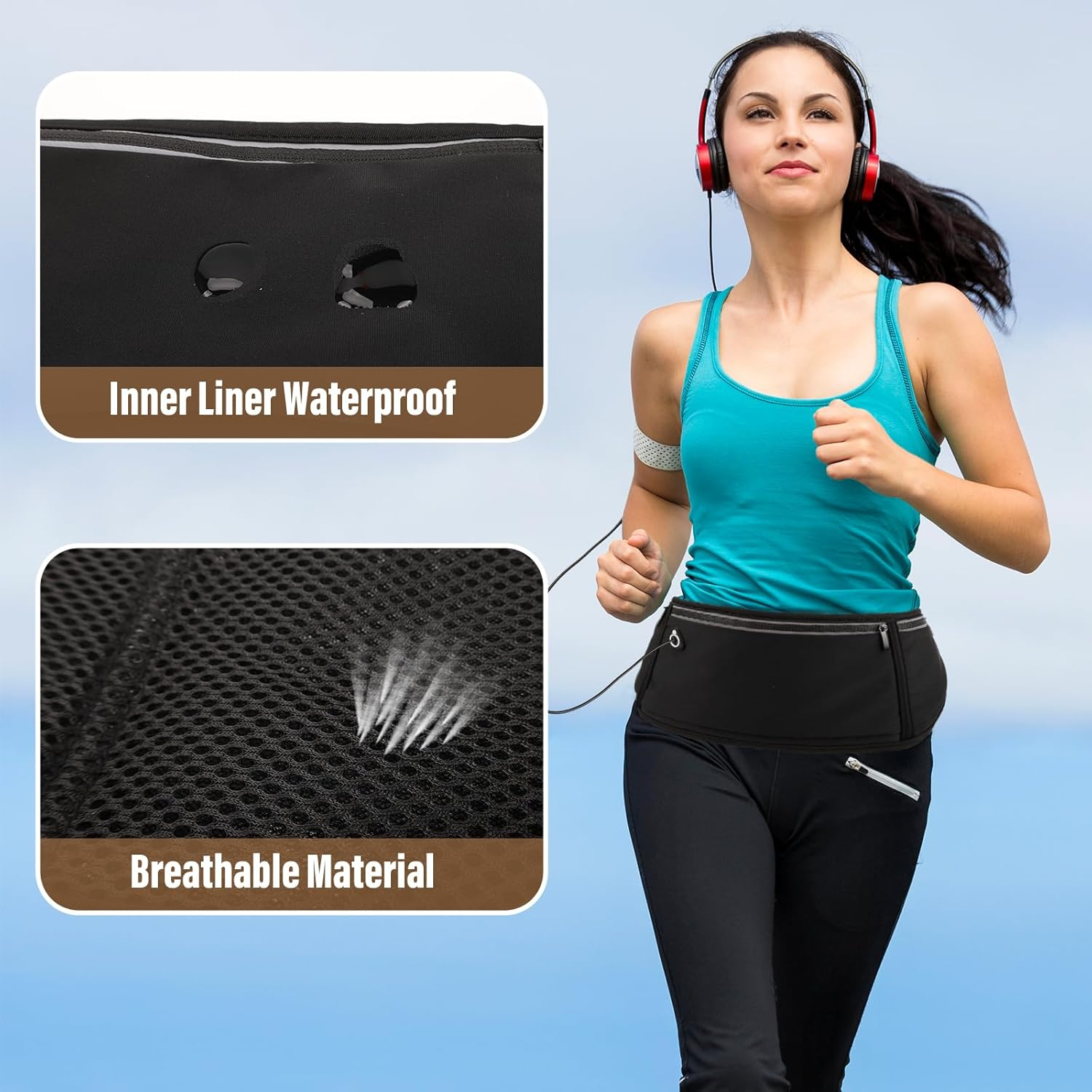 Running Belt Women Men with Water Bottle Holder, Running Waist Packs with Headphone Port, Running Accessories for Running Hiking Cycling Gym (Black) image number 1