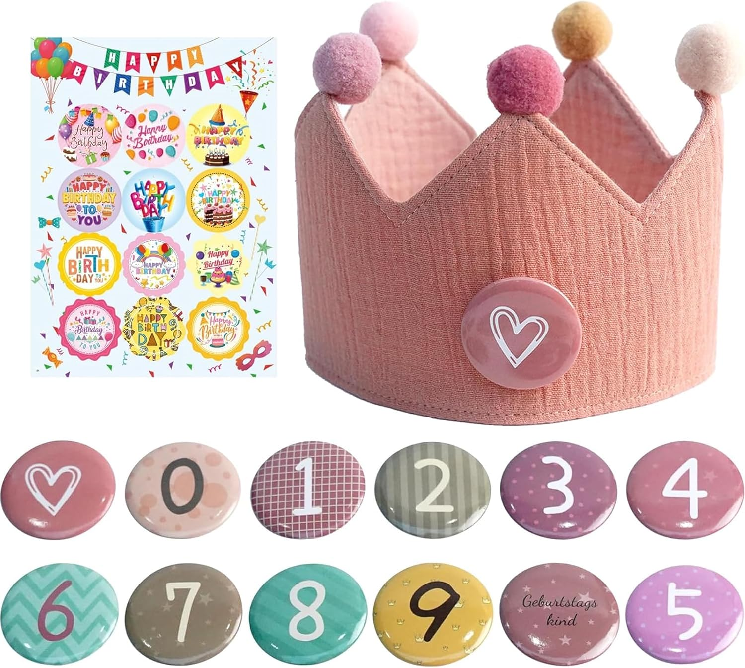 Baby Birthday Crown with Numbers, Reusable Children'S Birthday Hat, Kids Toddler Boys Girls Fabric Crown, Birthday Party Decorations for Baby Shower Numbers 0 to 9 Years Old (Pink)