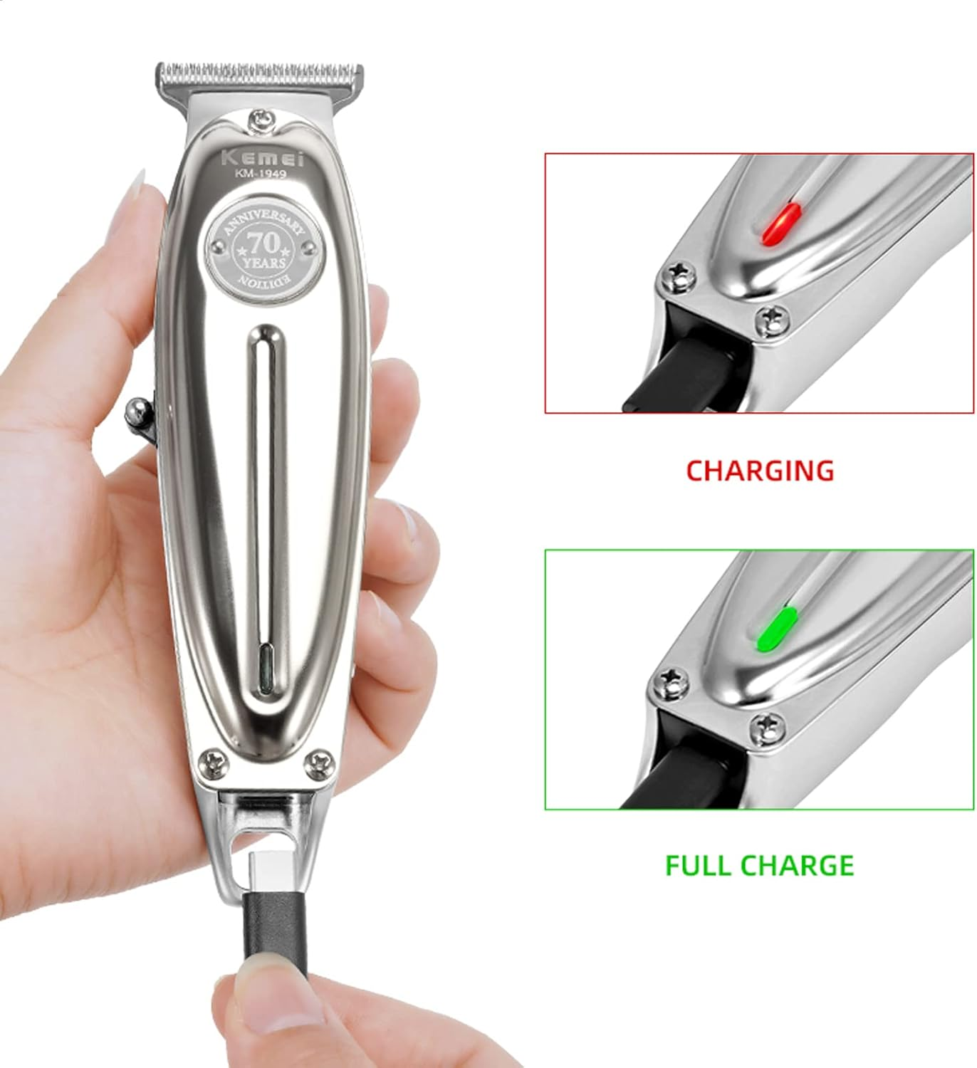 KEMEI Professional Hair Trimmer for Men Zero Gap Trimmer Electric Wireless Beard/Hair Trimmer Rechargeable Hair Cutting Machine for Stylists and Hairdressers Grooming Kit, Km-1949-Silver image number 5
