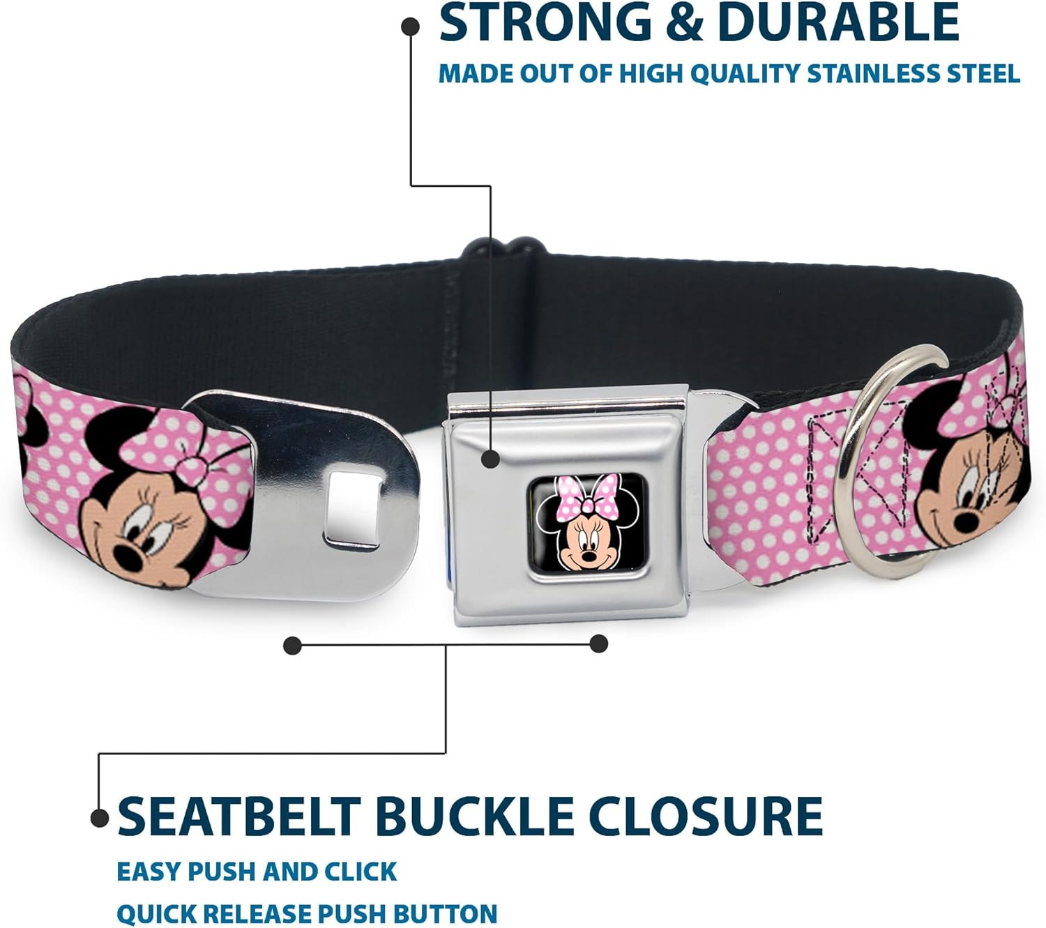 Buckle-Down Seatbelt Buckle Dog Collar - Minnie Mouse Expressions Polka Dot Pink/White - 1" Wide - Fits 9-15" Neck - Small image number 6