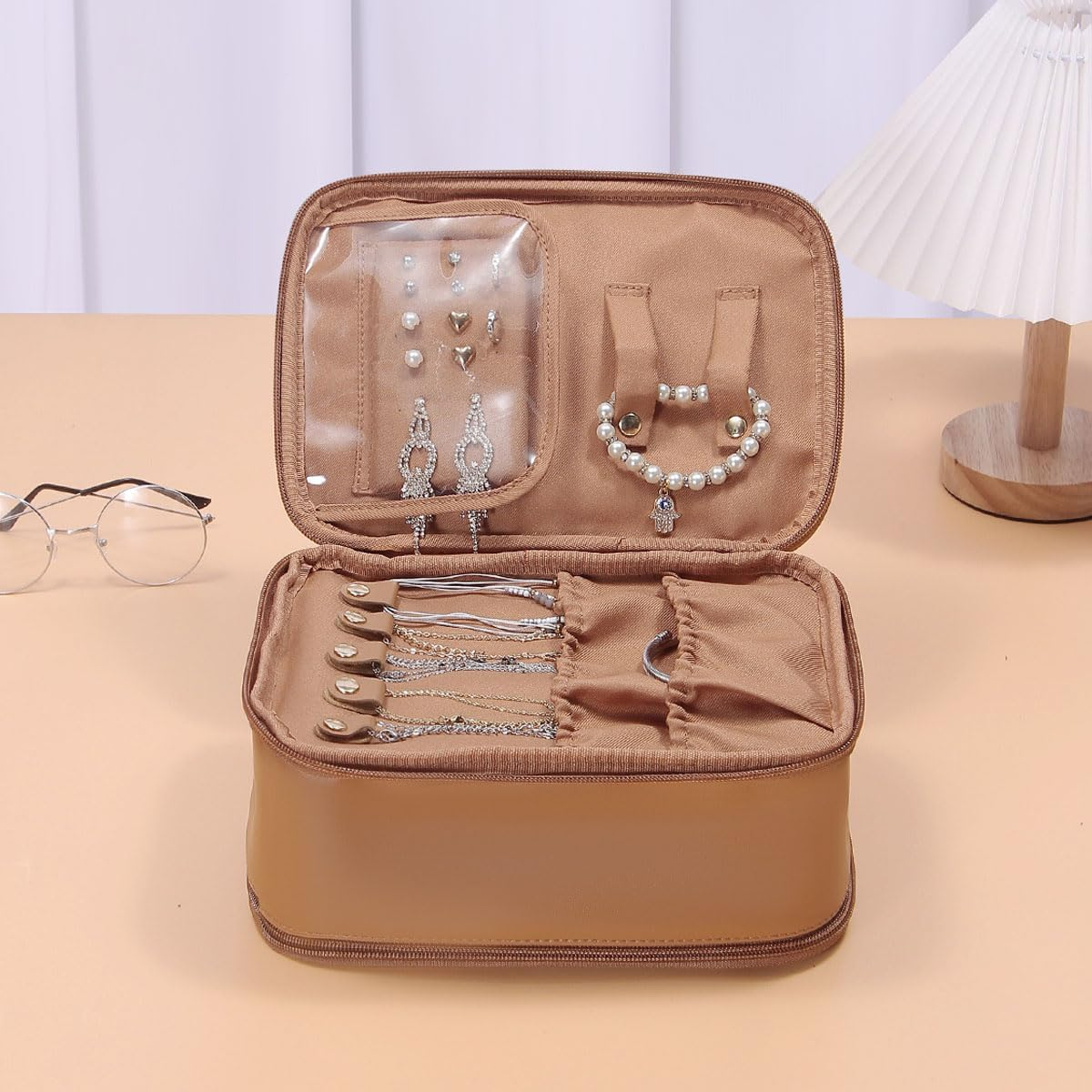 PU Large Capacity Travel Cosmetic Bag Women'S Double Layer Makeup Multifunctional Jewelry Box Skincare Storage (Pink) - Brown image number 6