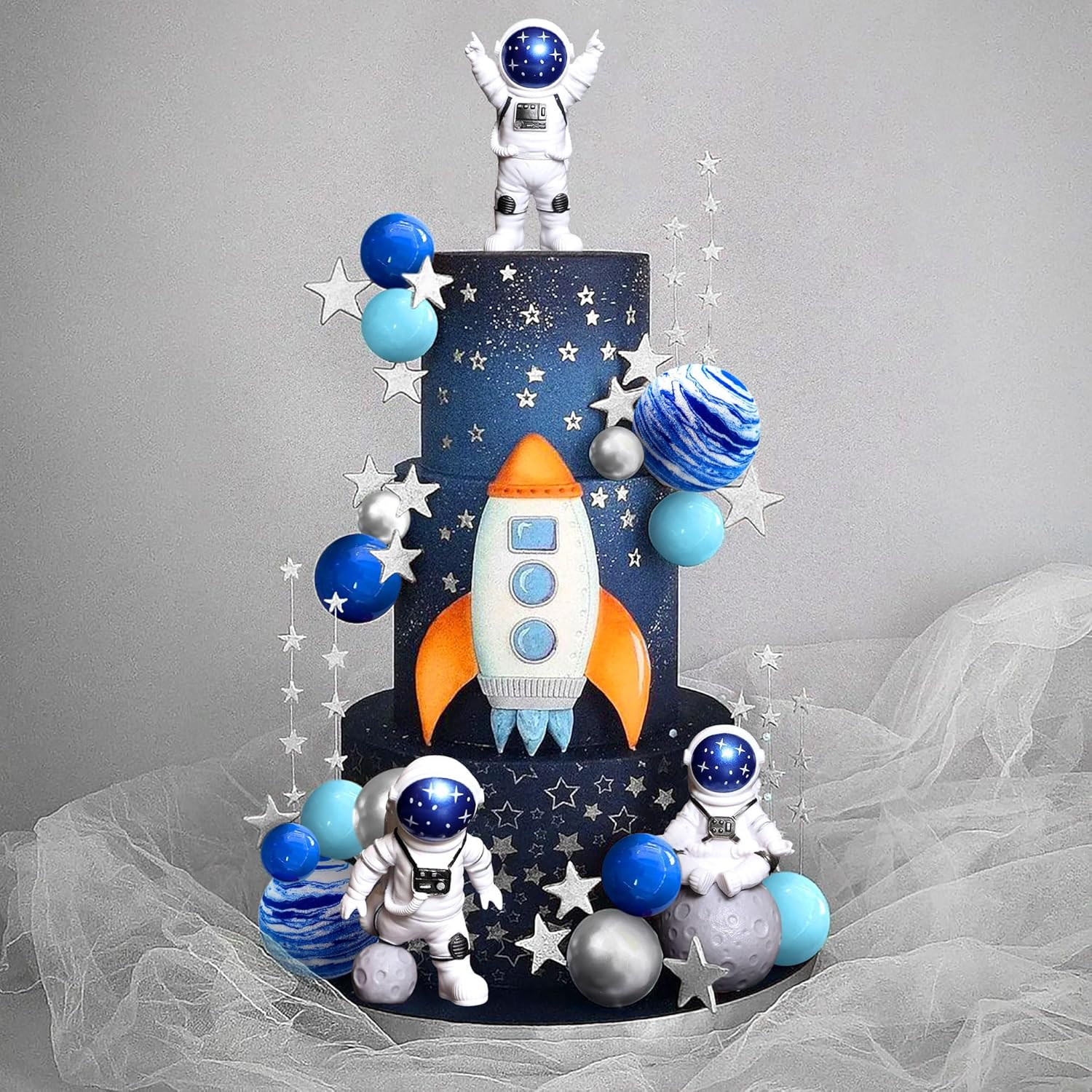 Jevenis Space Cake Toppers Outer Space Astronaut Rocket Stars Cake Decorations for Birthday Party Supplies Baby Shower image number 1