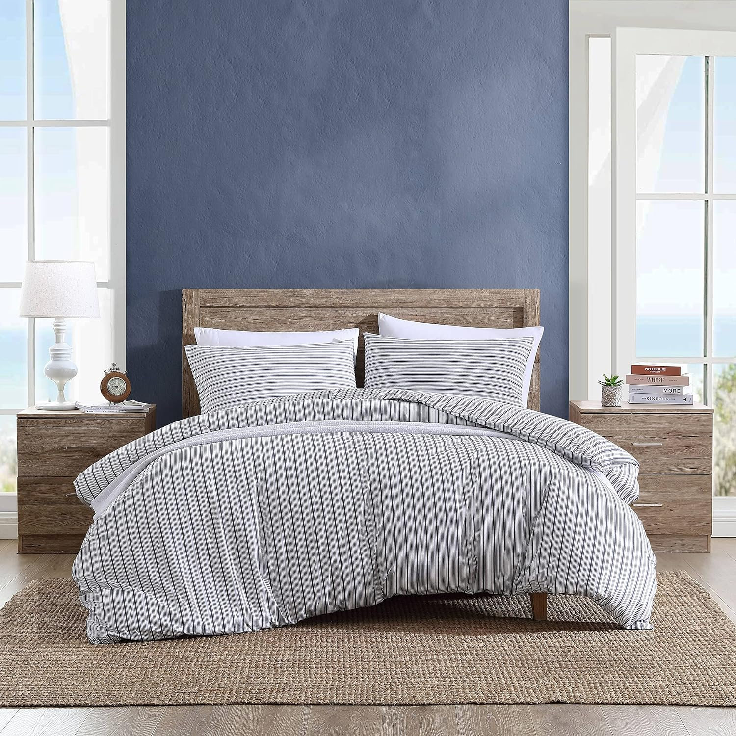 Nautica- King Duvet Cover, Cotton Reversible Bedding with Button Closure, Casual Home D&eacute;cor for All Seasons (Beaux Stripe Blue, King)