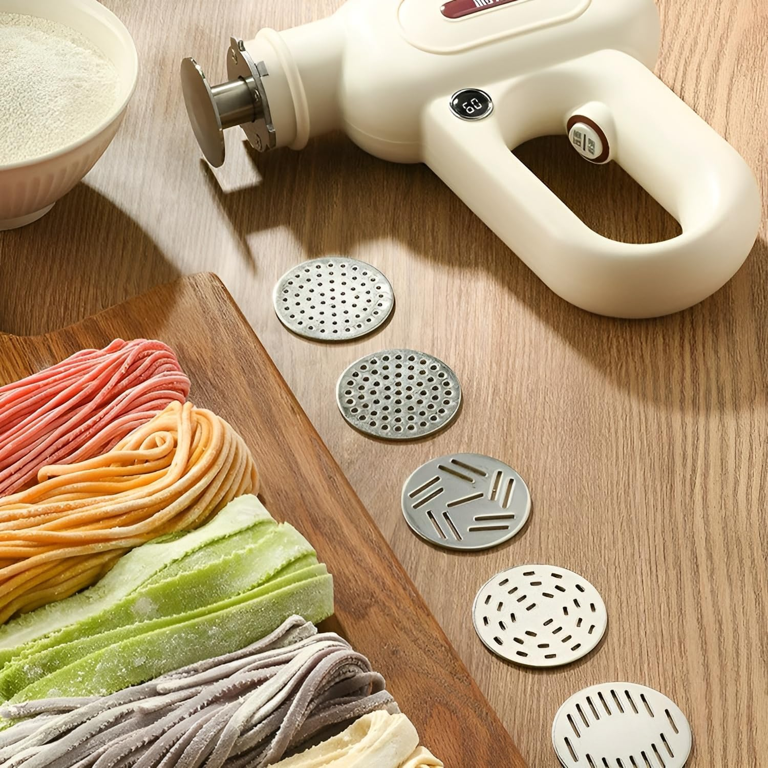 Electric Pasta Machine, 5 in 1 Home Handled Pasta Maker, Portable Handheld Automatic Noodle Maker Extrudes Pasta in 15S, Rechargeable Cordless Pasta Maker image number 2