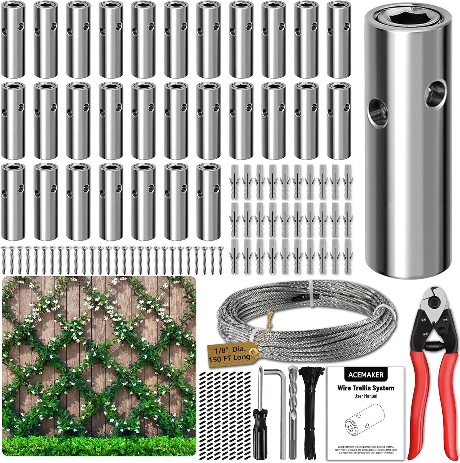 Wire Trellis for Climbing Plants Outdoor, 20-Set Wall Wire Trellis Kit with 1/8In X 98Ft Stainless Steel Cable, T316 Cylindrical Espalier System for Fence and Garden DIY Projects