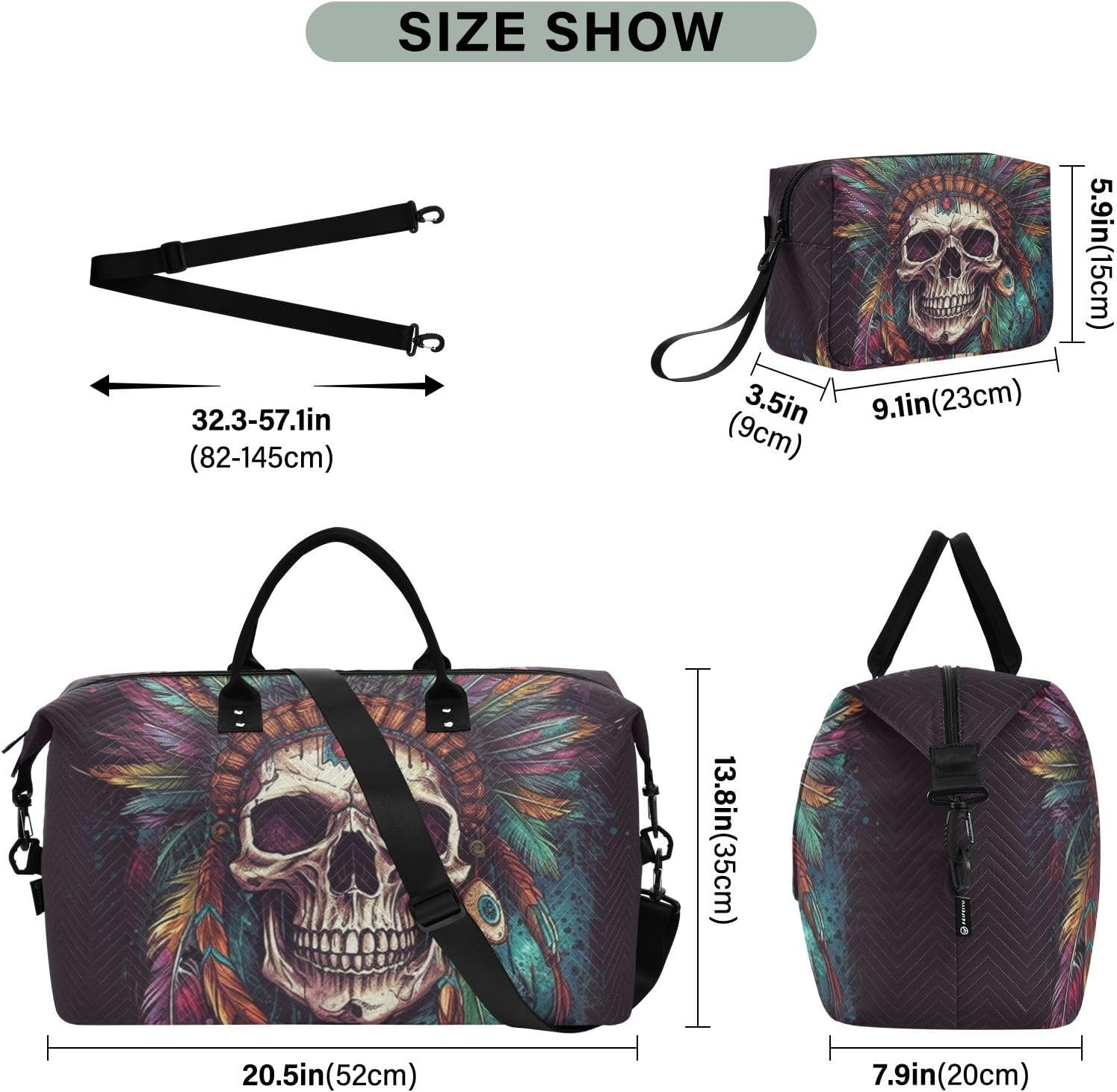 WOIWB Duffel Bag Set with Toiletry Bag for Travel Gym Sport, Luggage Sleeve Weekender Bag Carry on Overnight Bag-Skull with Feathers Print, Multicolor, 20.5 X 7.9 X 13.8 Inches+9.1 X 3.5 X 5.9 Inches image number 4