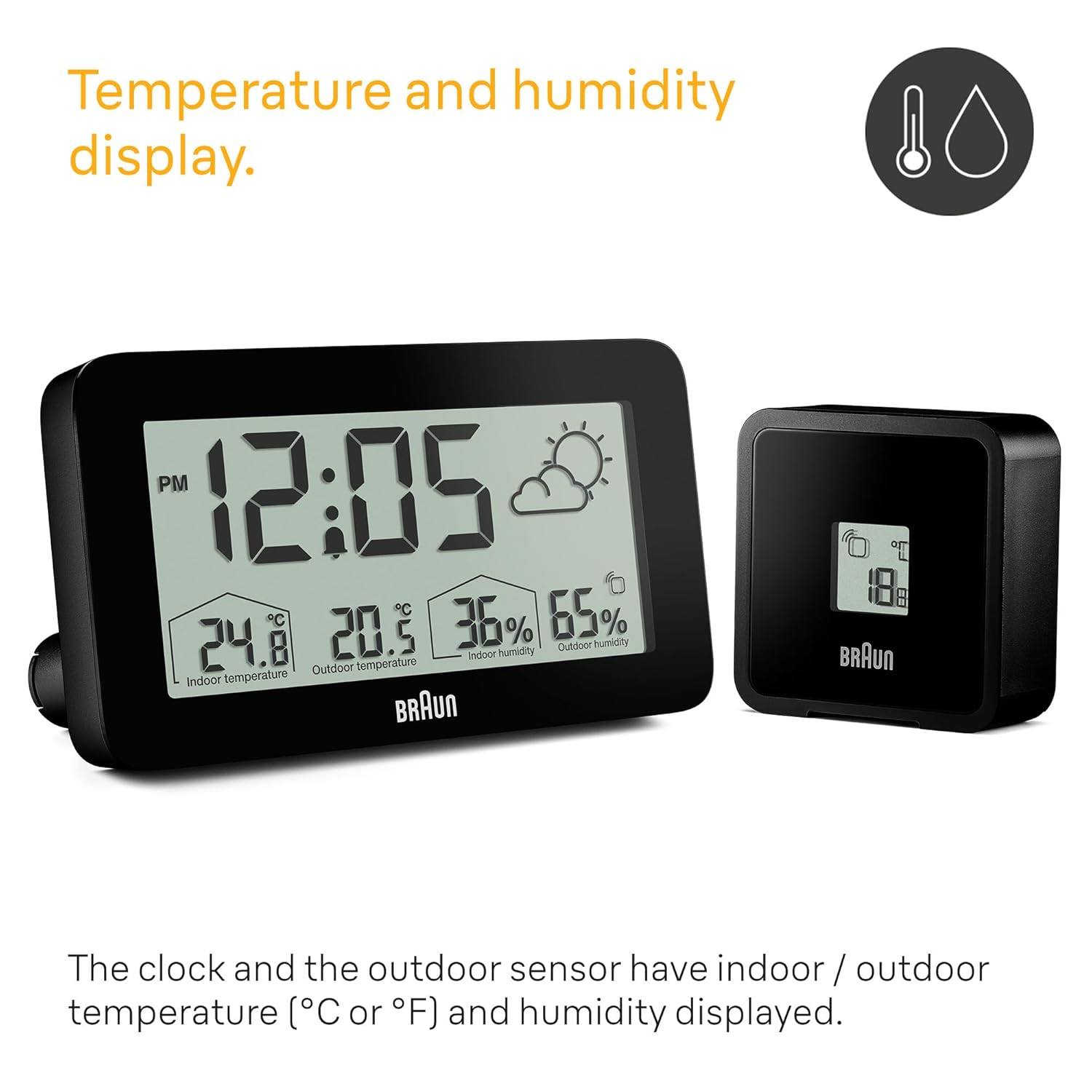 Braun Digital Weather Station Clock with Indoor and Outdoor Temperature and Humidity, Forecast, LCD Display, Quick-Set, Crescendo Beep Alarm in Black, Model BC13BP. image number 5