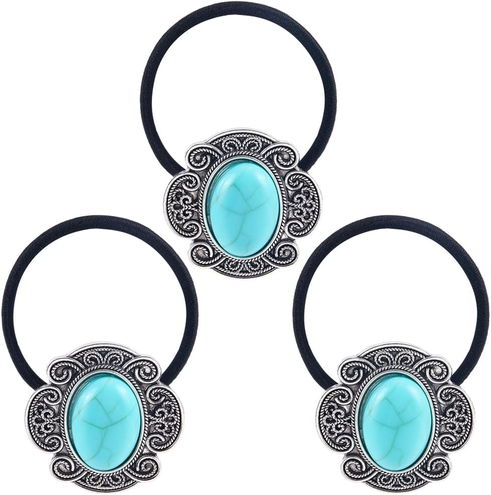CABODYALS Pack of 3 Vintage Boho Metal Ponytail Holders Cowgirl Elastic Hair Bands Rope Western Style Turquoise Decorative Hair Bobbles Bracelet Bulk Pack for Women Party Outfit Ceremony Accessories image number 2