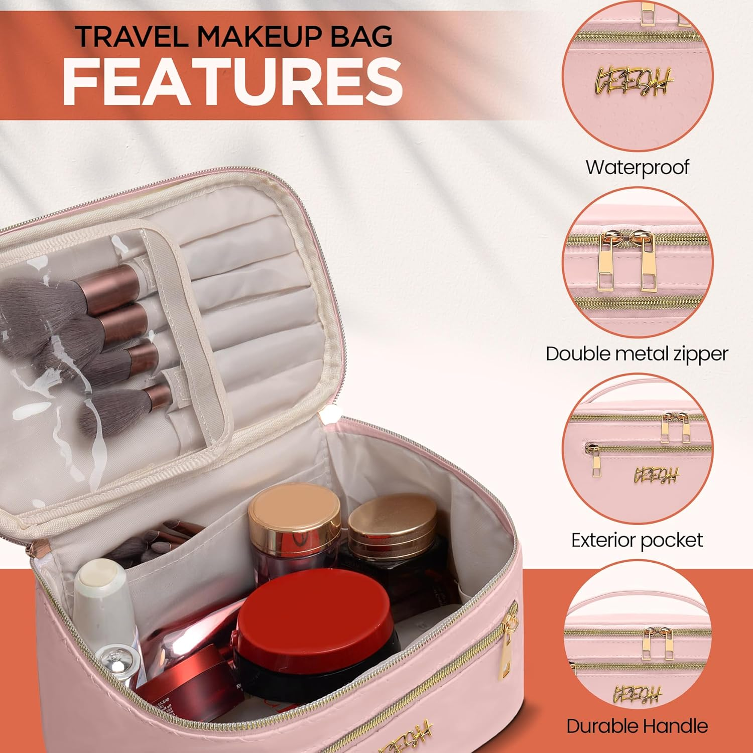 Leesh & CO Makeup Bag - Large Travel Cosmetic Organizer with Brush Holders for Women - Eco-Friendly Vegan Leather, Waterproof & Durable Cosmetics Bag - Perfect for Toiletries, Beauty Products (Pink) image number 4