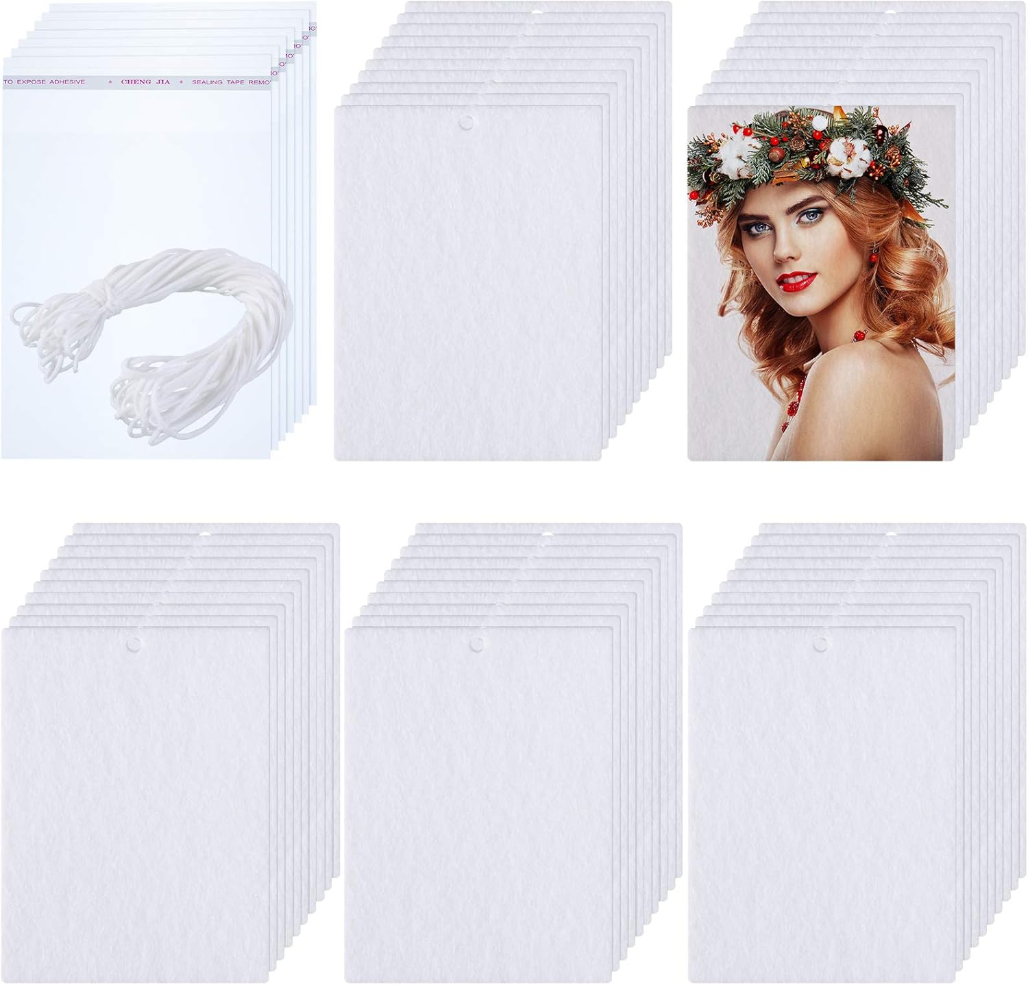 50 Pieces Sublimation Air Freshener Blank Sheets Car Scented Hanging Felt Air Freshener White Fragrant Sheets with 100 Pieces Bags and Elastic Rope for Interior Use and Decor image number 3