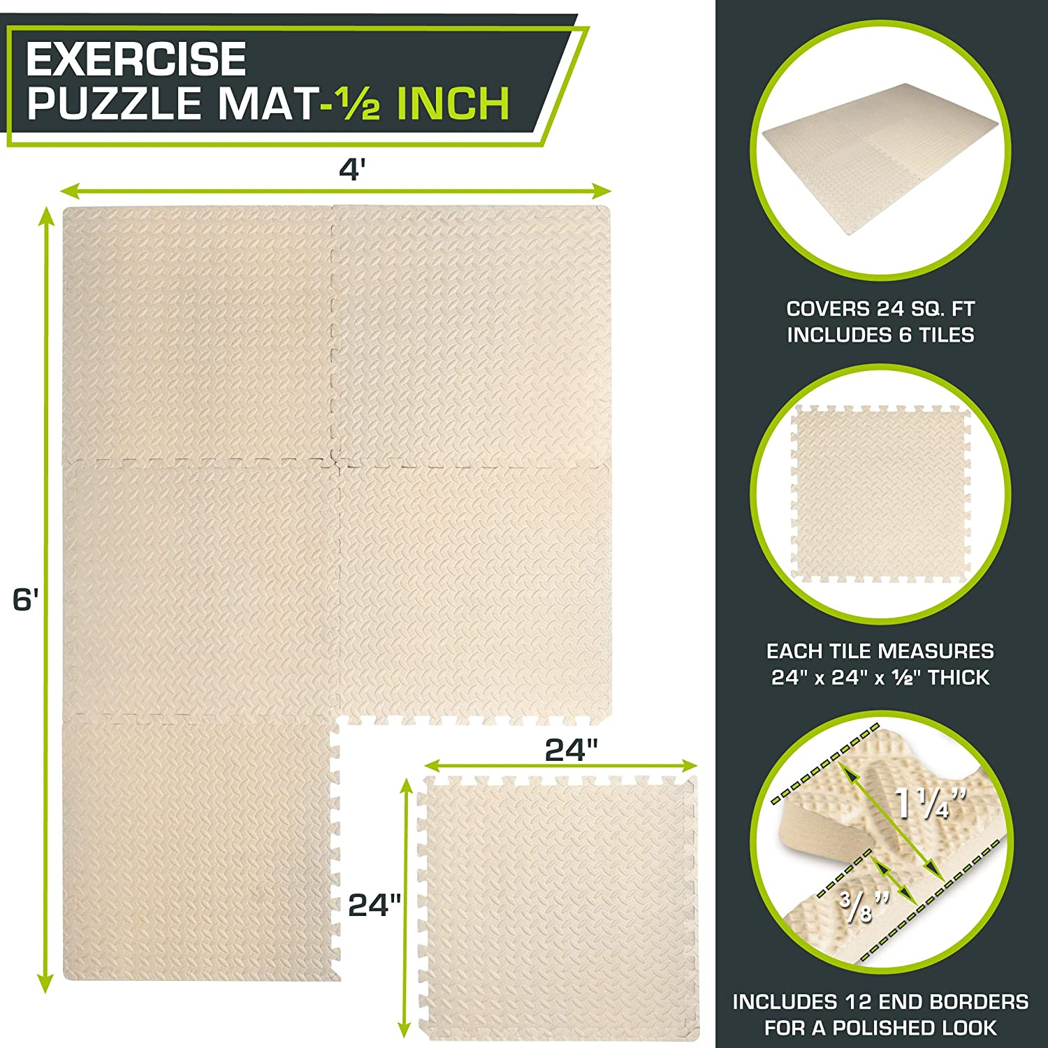 Prosourcefit Puzzle Exercise Mat &frac12; In, EVA Interlocking Foam Floor Tiles for Home Gym, Mat for Home Workout Equipment, Floor Padding for Kids, Cream, 24 in X 24 in X &frac12; In, 24 Sq Ft - 6 Tiles image number 1