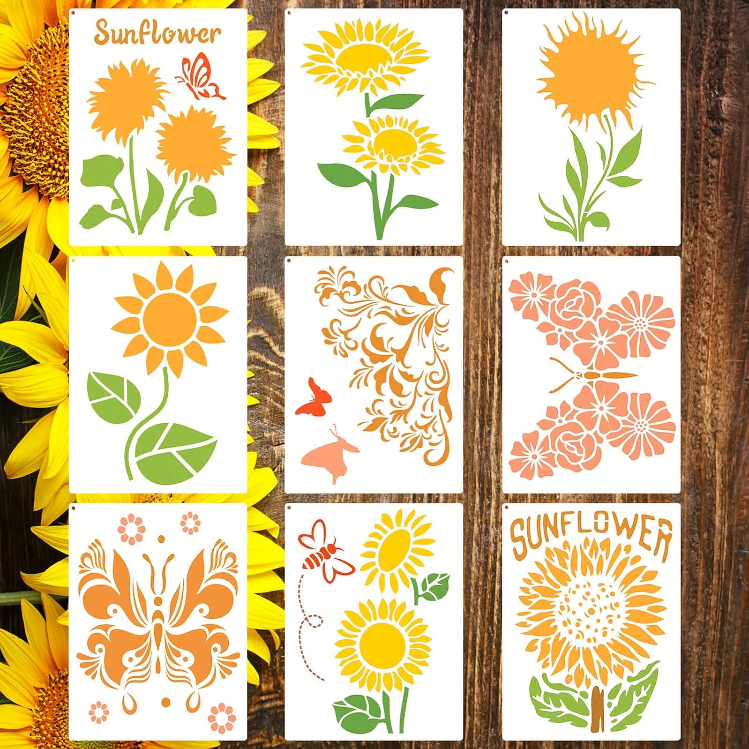 9PCS Sunflower Butterflies Stencils, Reusable PET Sun Flower Template, DIY Craft Paint Stencil with Metal Open Ring, for Painting on Wood Canvas Paper Fabric Wall Furniture, 8X11 Inches image number 5