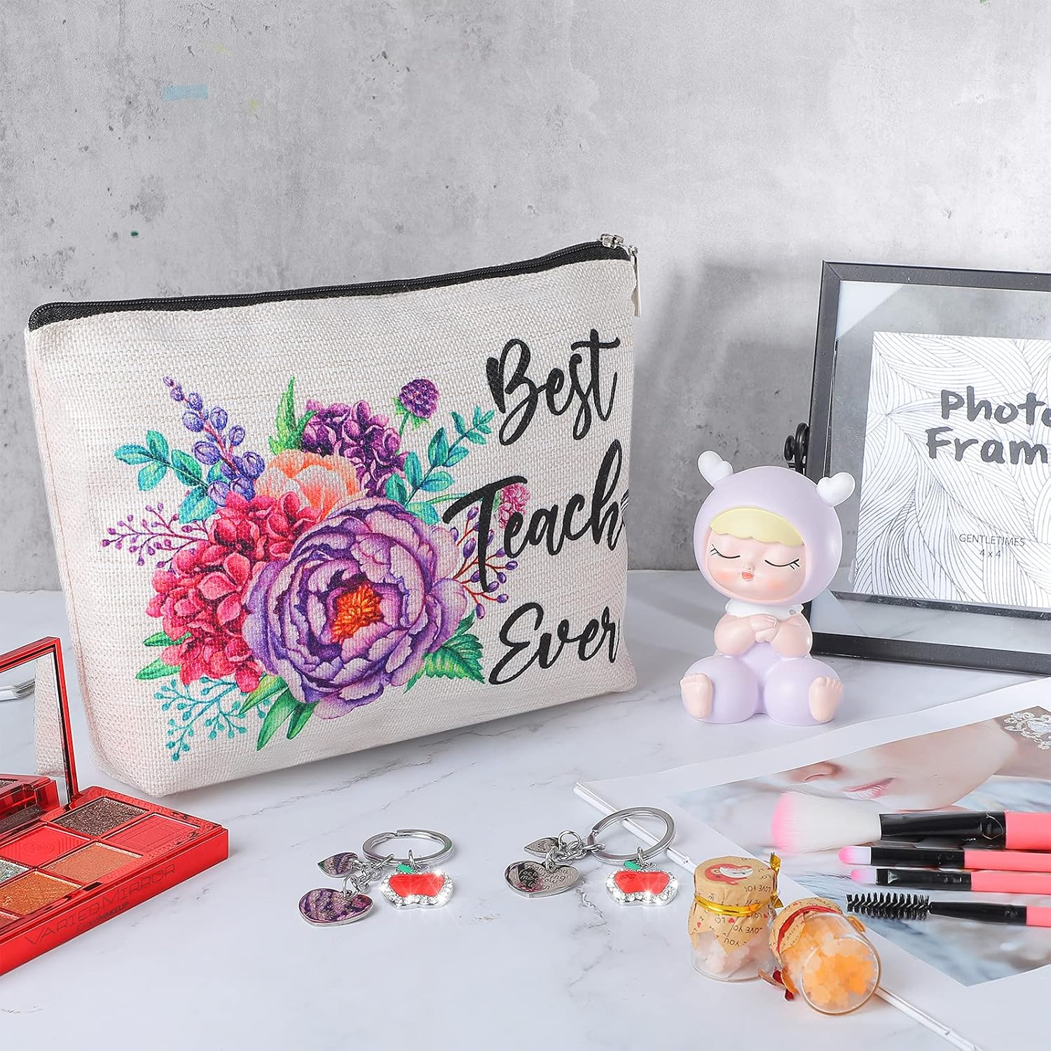 DDPOND 6 Pack Teacher Appreciation Gifts for Women Bulk Christmas Teacher Gifts 3 Pcs Zipper Cosmetic Bags Canvas Makeup Pouch 3 Pcs Thank You Keychains Xmas Birthday Present(Book Style) - Book Style image number 4