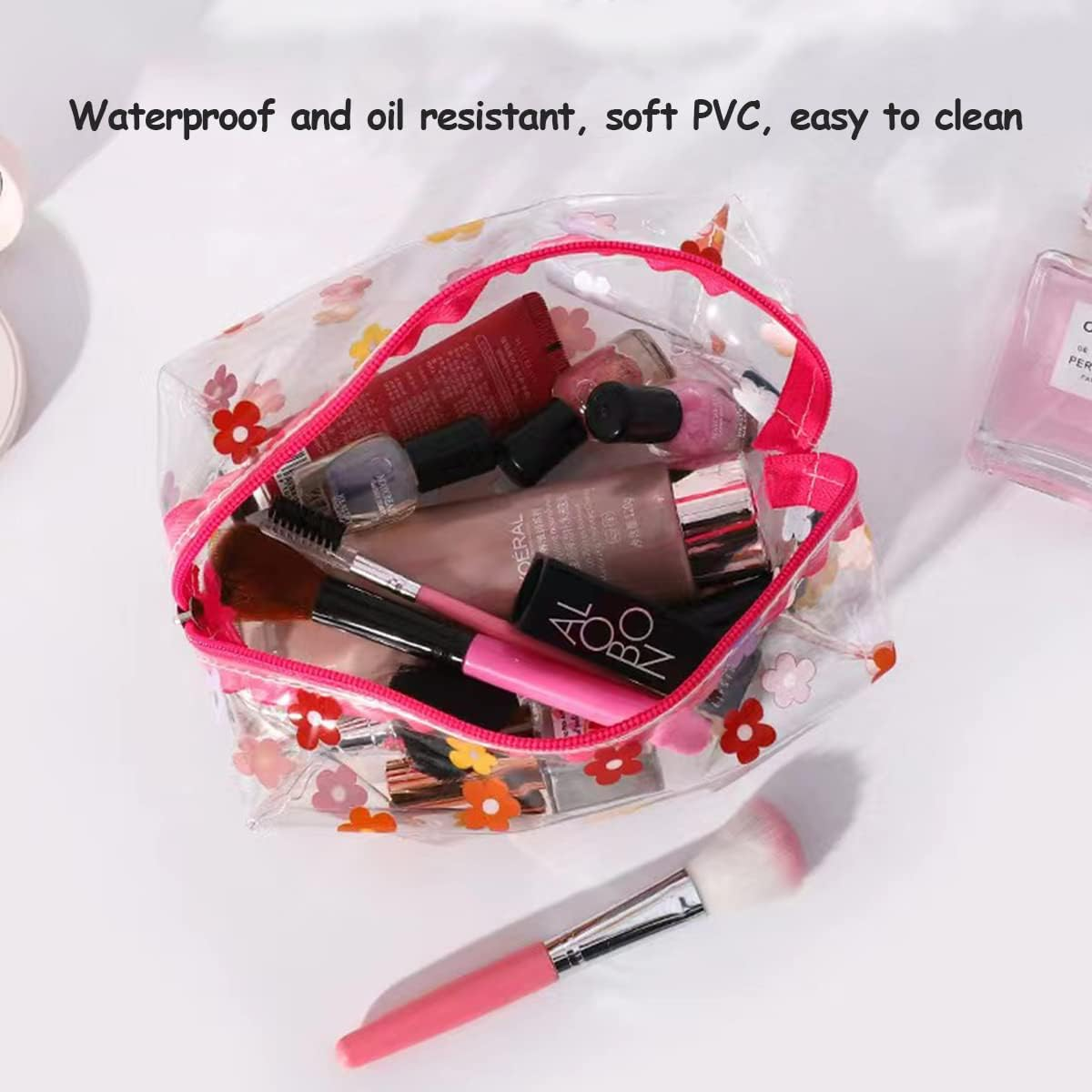 ZMZZ Cute Makeup Bag, Transparent Portable Makeup Bag, Waterproof Toiletries Storage Bag, Large Capacity Pen Bag, Colorful Flowers, Cute and Transparent Makeup Bag, Large Capacity Pencil Case - Colorful Flowers image number 3