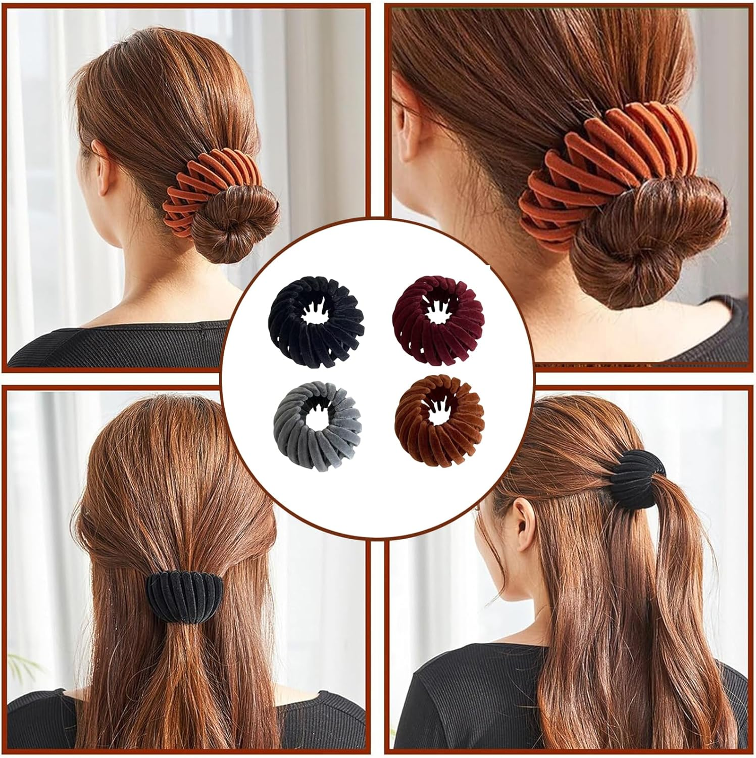 Hair Accessories for Women, Ponytail Holder, Hair Scrunchie Set, 4 Pieces, Bird Nest Hair Clips, Stretchy from 6-13 Cm, Black, Burgundy, Grey, Brown, Volume-Saving for Ponytail image number 5