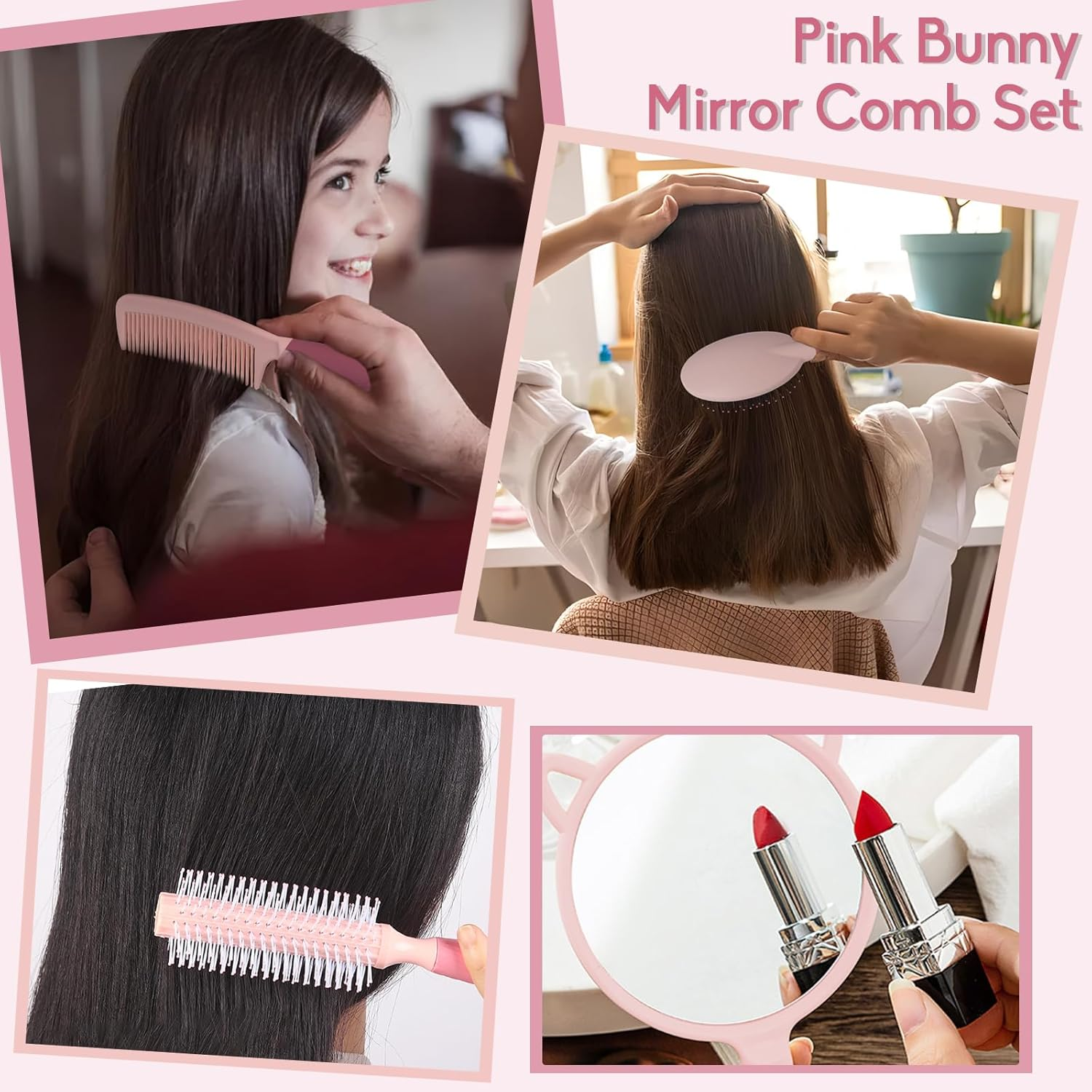 MEGAVOW 4 Pcs Cute Hairbrush Hand Mirror Set, Detangle Massage Comb, Fine Tooth Comb, Rabbit Personalised Handheld Mirror, round Curly Brush for Girls Wet Dry Hair Styling (Pink) image number 5