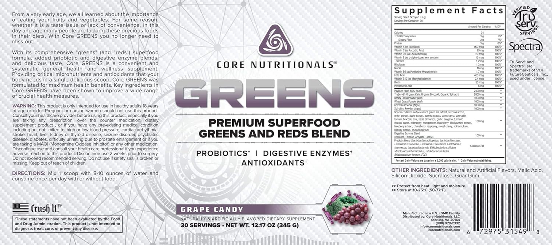 CORE Nutritionals Grape Candy Flavour Green and Reds Blend Superfood 30 Servings