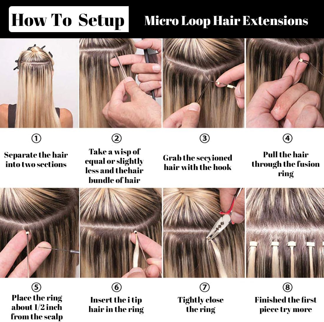 ZEPIQOR Microring Extensions, Micro Ring Hair Extension Set with 1 Micro Ring Hair Pliers, 1 Piece Micro Ring Needle Threader, 1 Pull Hook and 500 Pieces Micro Rings for Hair Extension Accessories image number 2
