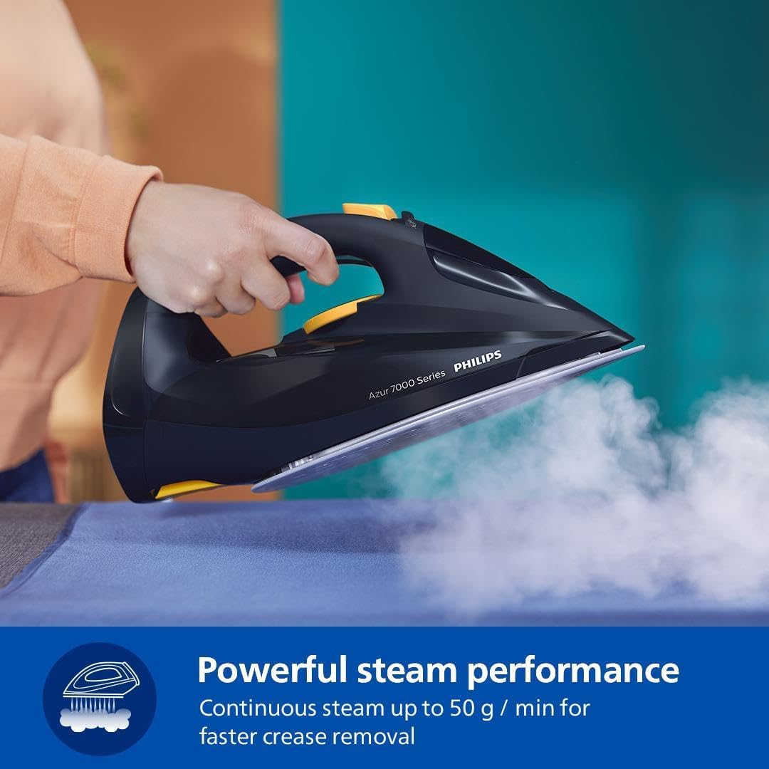 Philips Azur 7000 Series Steam Iron - 2400W, 50G/Min Steam, 250G Steam Boost, Vertical Steam, Steamglide Elite Soleplate, Blue/Yellow (DST7060/20)