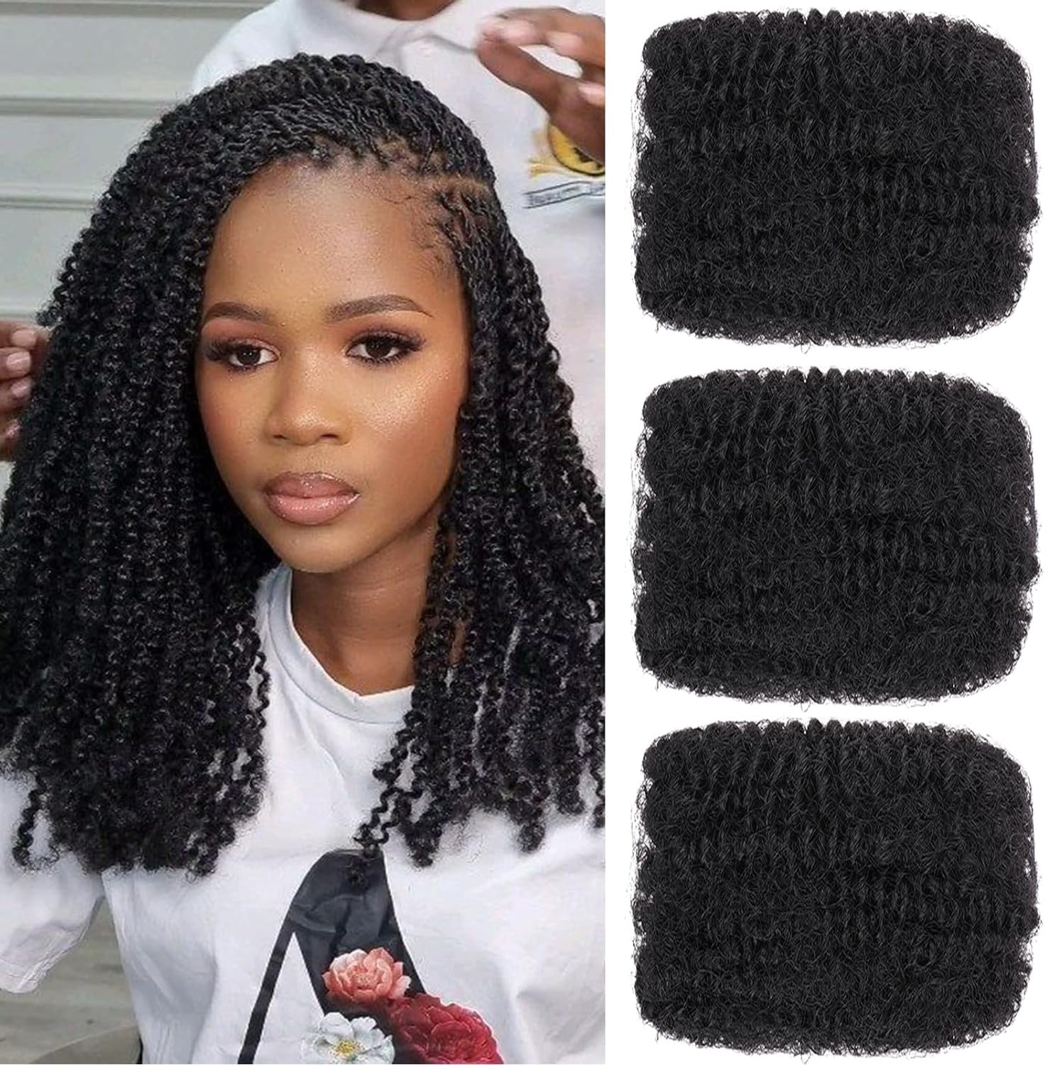 Mscat 10 Inch 3 Bundles Afro Kinky Curly Braiding Bulk Women Hair for Spring Twist Hair Natural Black Afro Kinkys Bulk Hair Synthetic for Dreadlocks Extensions Repair Locs Springy Twists 30 G/Pack (1B