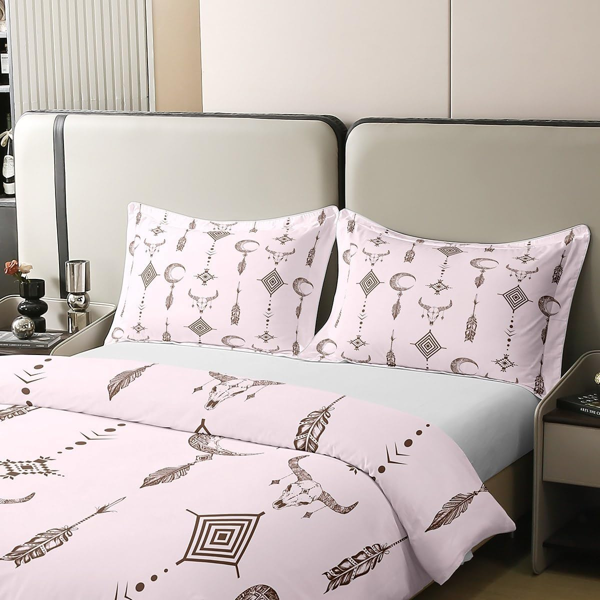 Aztek 100% Cotton Duvet Cover 200 X 200 Cm Western Tribal Bedding Set for Girls Rustic Square Bull Skull Horns Ethnic Bed Linen Geometric Retro Cow Boho Arrows Feathers Pink Bed Set image number 3