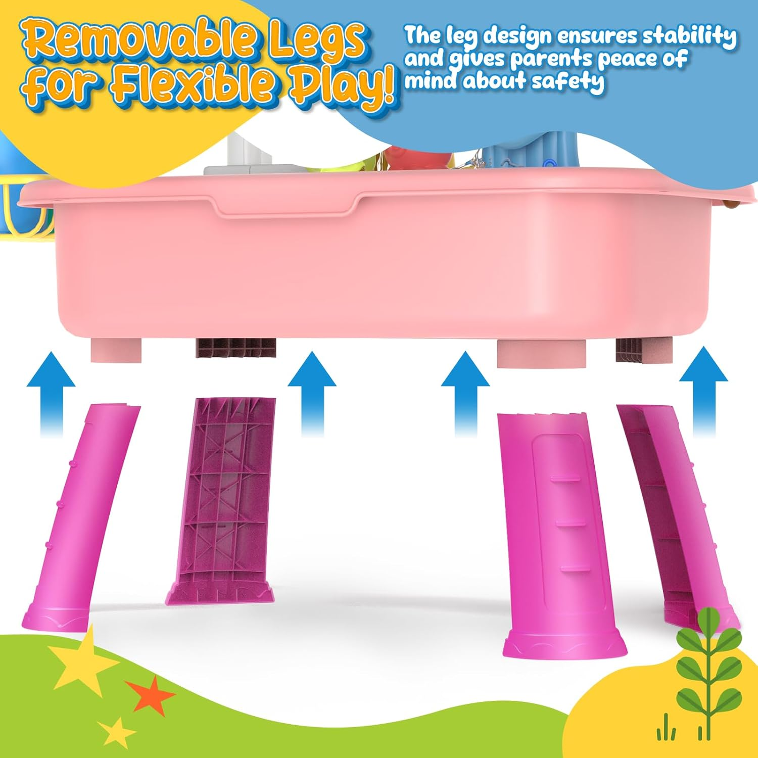 21" H Play Sink with Running Water, 4-In-1 Kids Kitchen Sink Toy with Electric Faucet, Mini Water Table with Detachable Legs, Fishing Game, Pretend Play Dishwasher Gift Set for Boys & Girls(Pink) image number 3