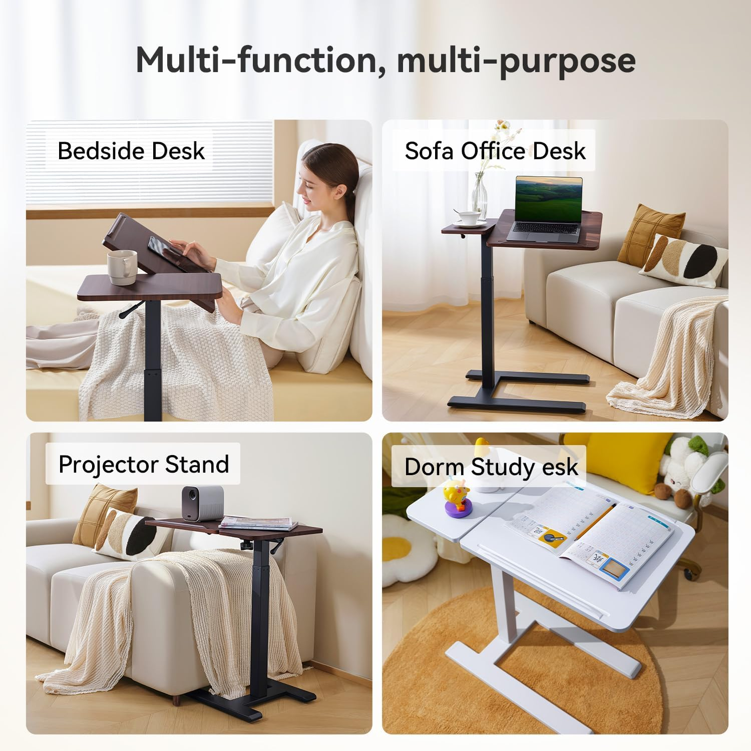 SIHOO D01 Adjustable Tilt Overbed Bedside Table with Wheels Small Spaces Sofa Bedroom Bedside Desk Pneumatic Mobile Standing Laptop Desk Game Desk with Movable Wheels (Walnut)