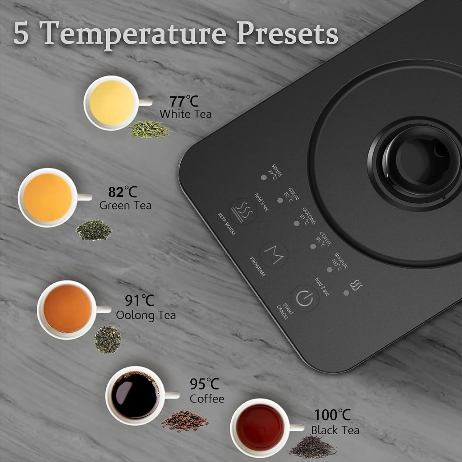 Electric Gooseneck Kettle, 5 Variable Precise Temperature Control, 2H Keep Warm, Stainless Steel Inner, Quick Heating, for Pour over Coffee, Brew Tea, Boil Hot Water, Boil-Dry Protection, 0.8L, Black