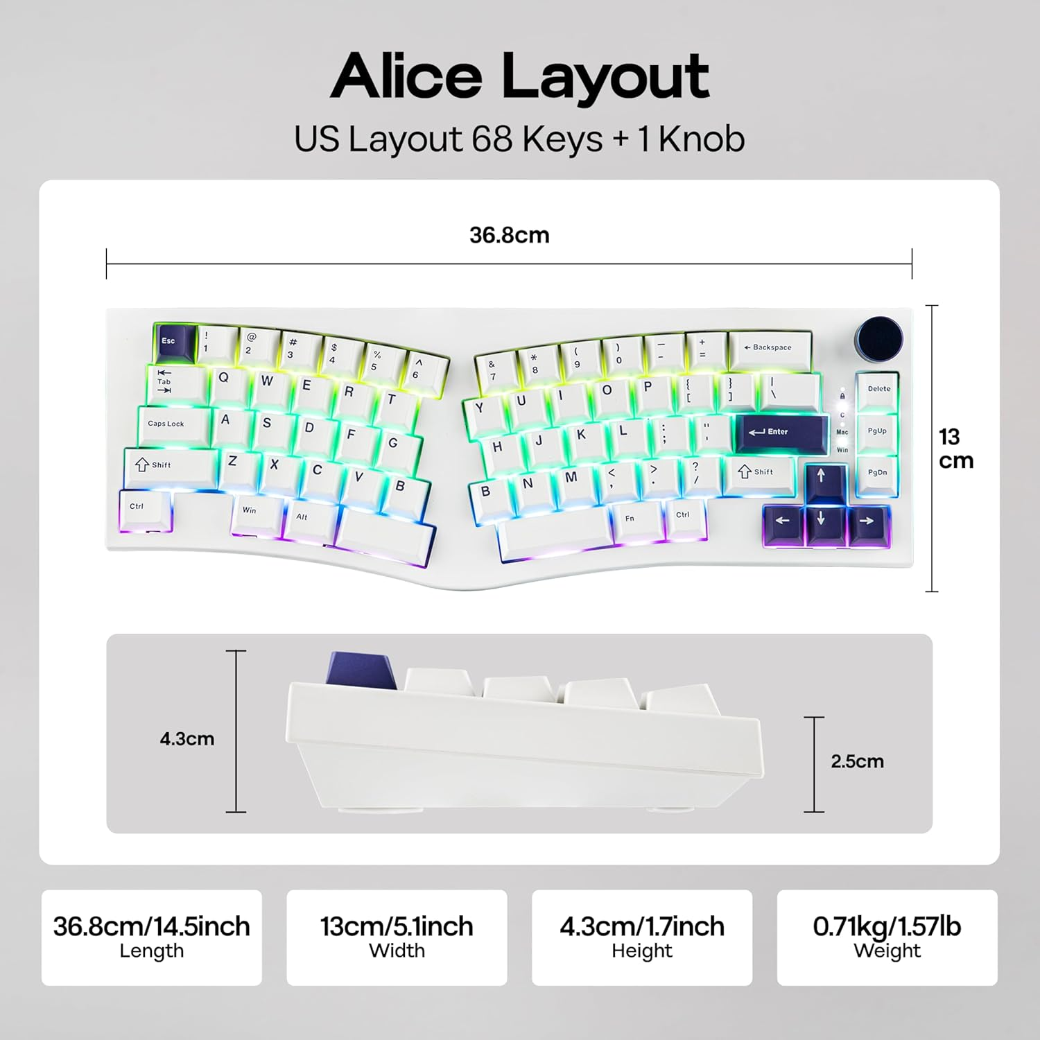 Mechlands Feker Alice80 68 Keys Ergonomic Mechanical Keyboard, QMK & via Programmable, Wired Gaming Keyboard with Creamy Gasket, Hot Swappable, 5 Layer Paddings, NKRO, RGB for Win/Mac (White) image number 6