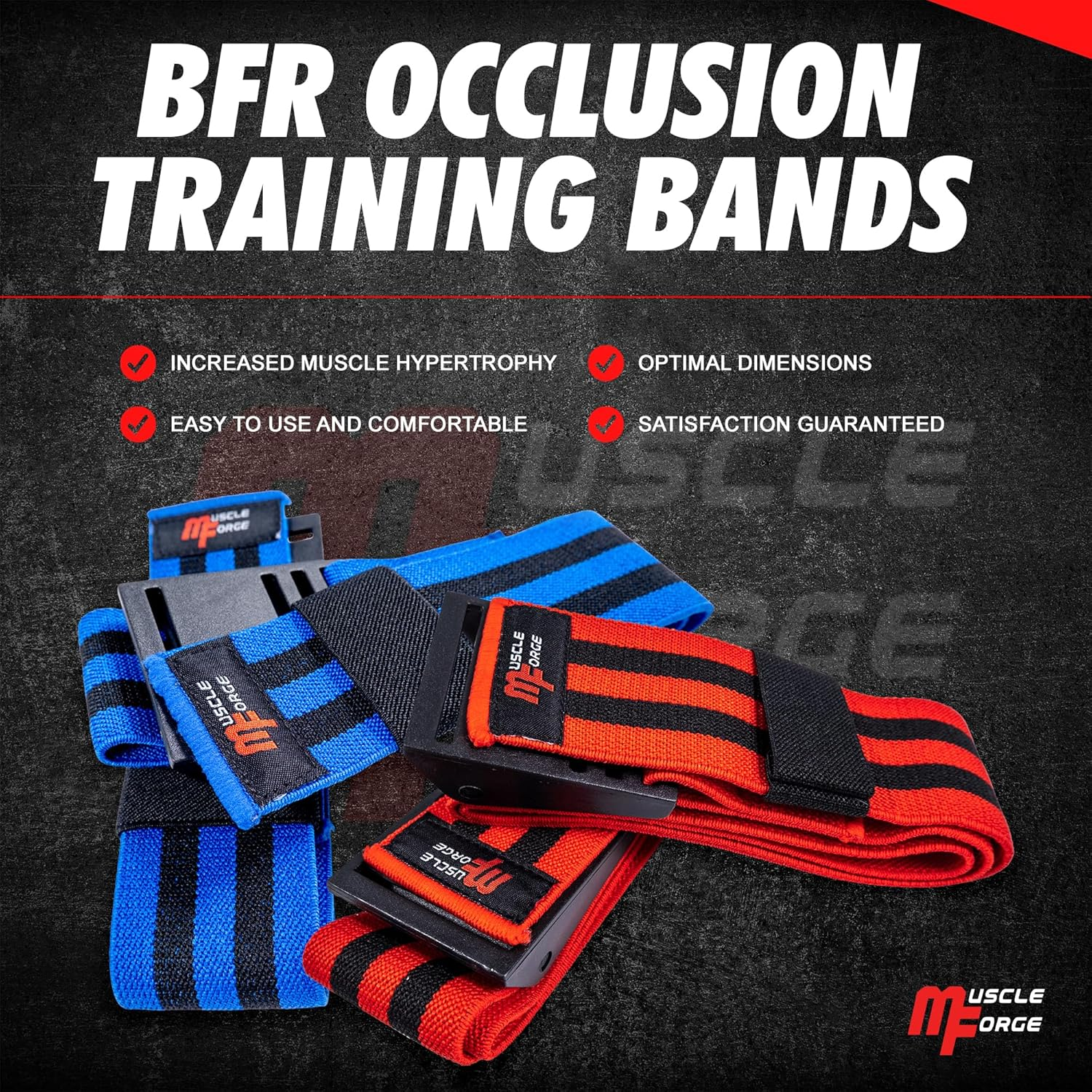 Muscleforge Blood Flow Restriction Bands, 2X Occlusion Bands for Legs, Elastic Bands with Buckle Fasteners for Muscle Building and Pump, BFR Cuffs